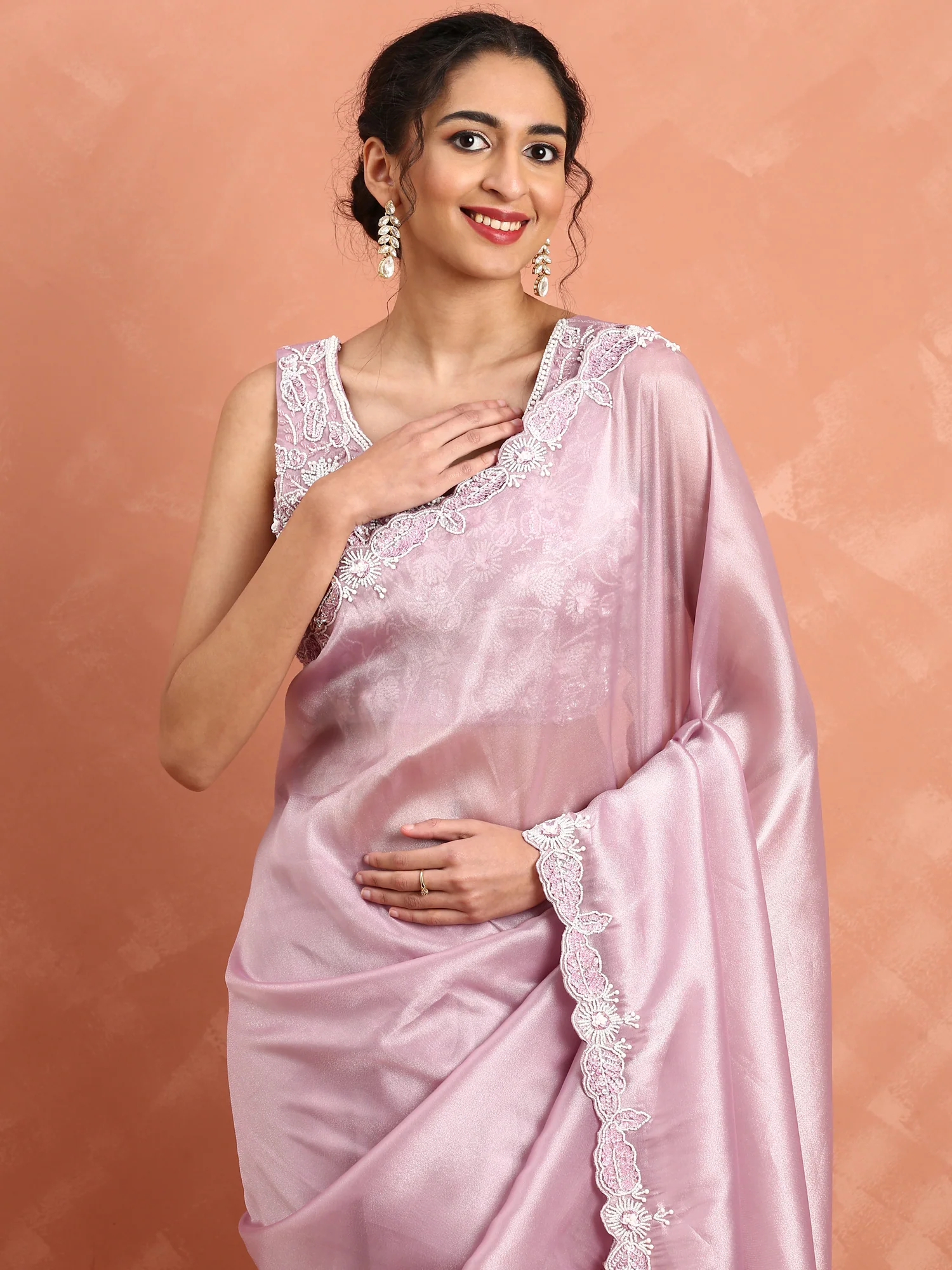 Lilac Jimmy satin tissue saree with pearls & sequin embroidery with ready made blouse - Image 3