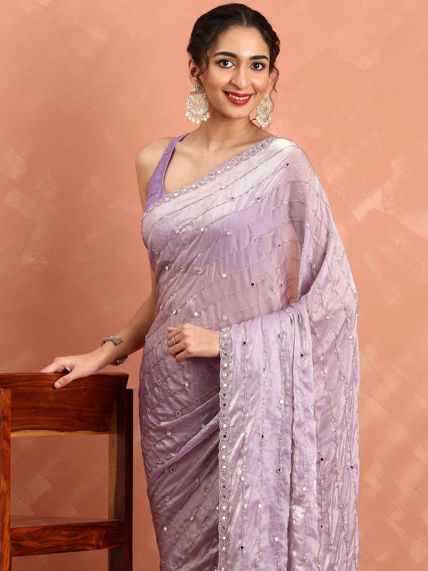 Lilac Jimmy tissue saree with mirror work hand embroidery - Image 4