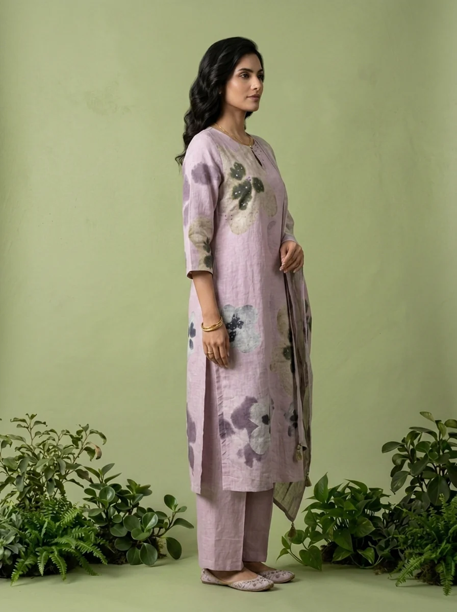 Lilac Linen Floral Printed Three Piece Set - Image 3