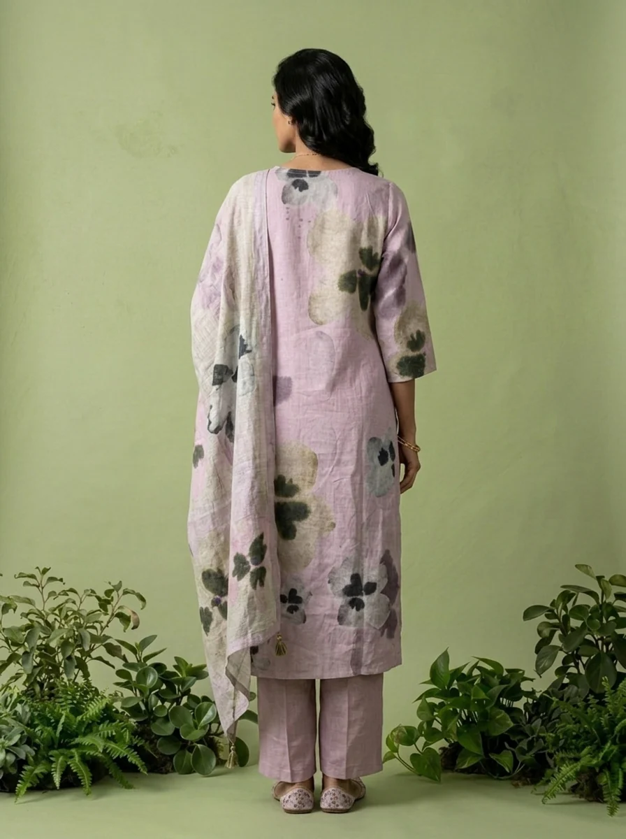 Lilac Linen Floral Printed Three Piece Set - Image 4