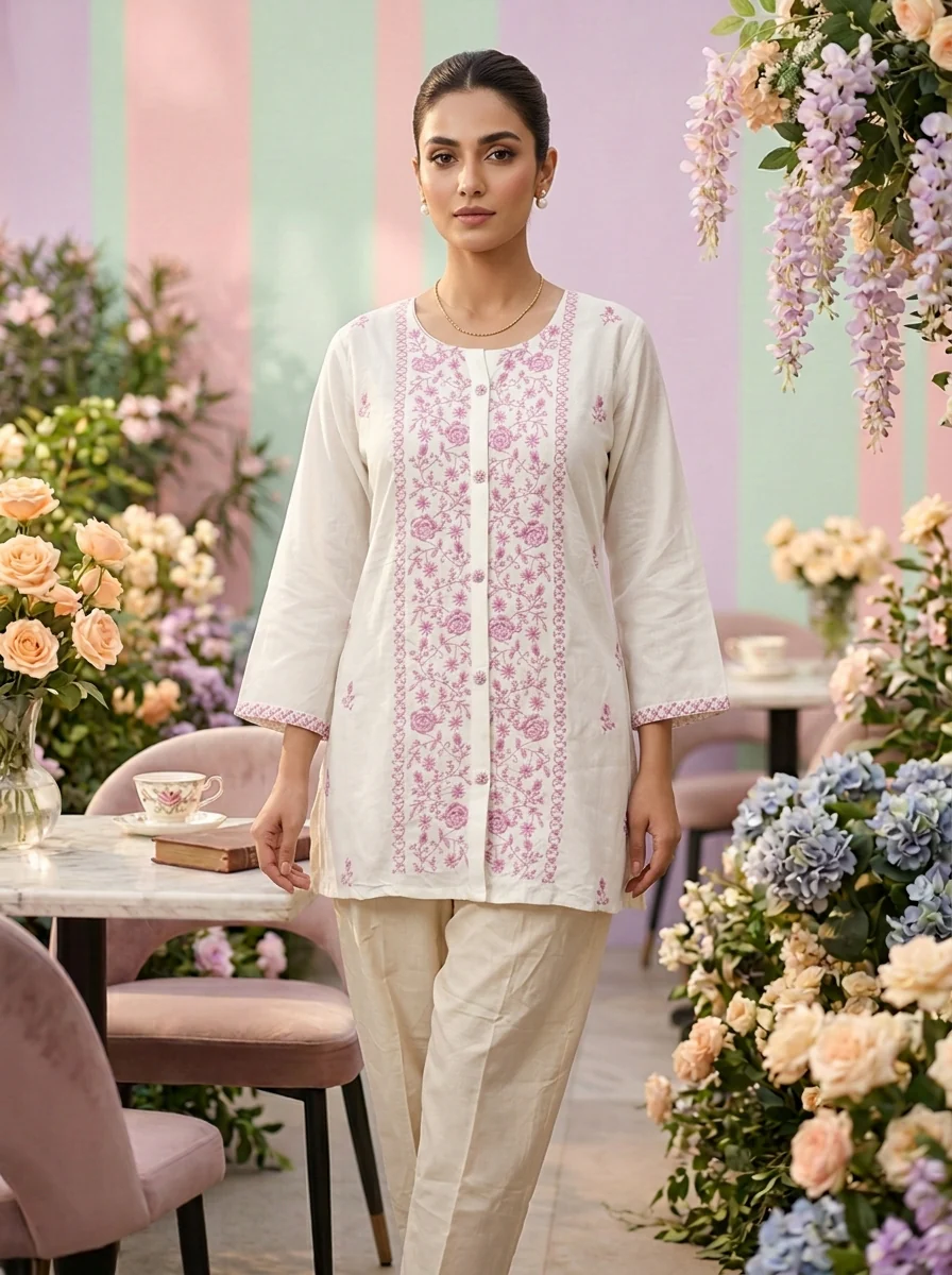 Lilac Linen Floral Thread Embroidery Kurti