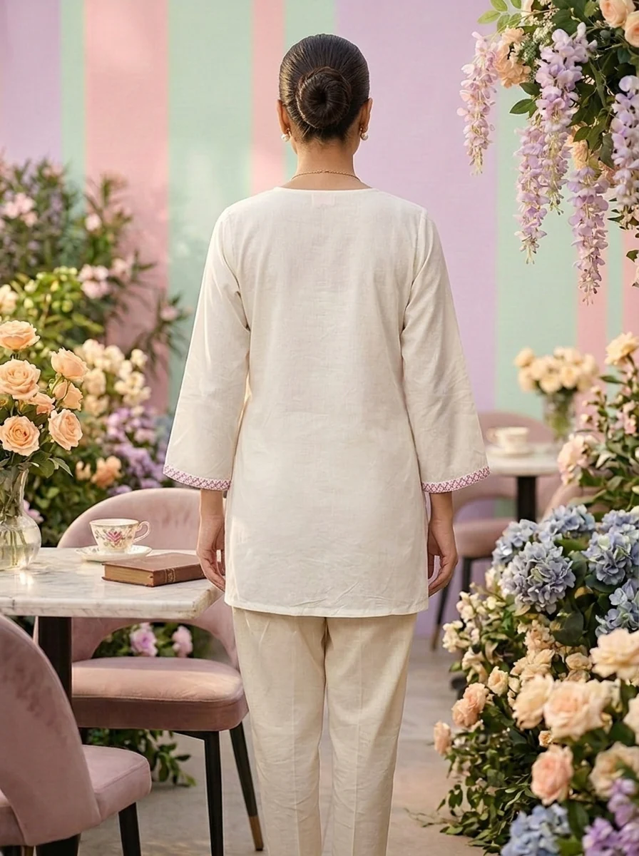 Lilac Linen Floral Thread Embroidery Kurti - Image 2