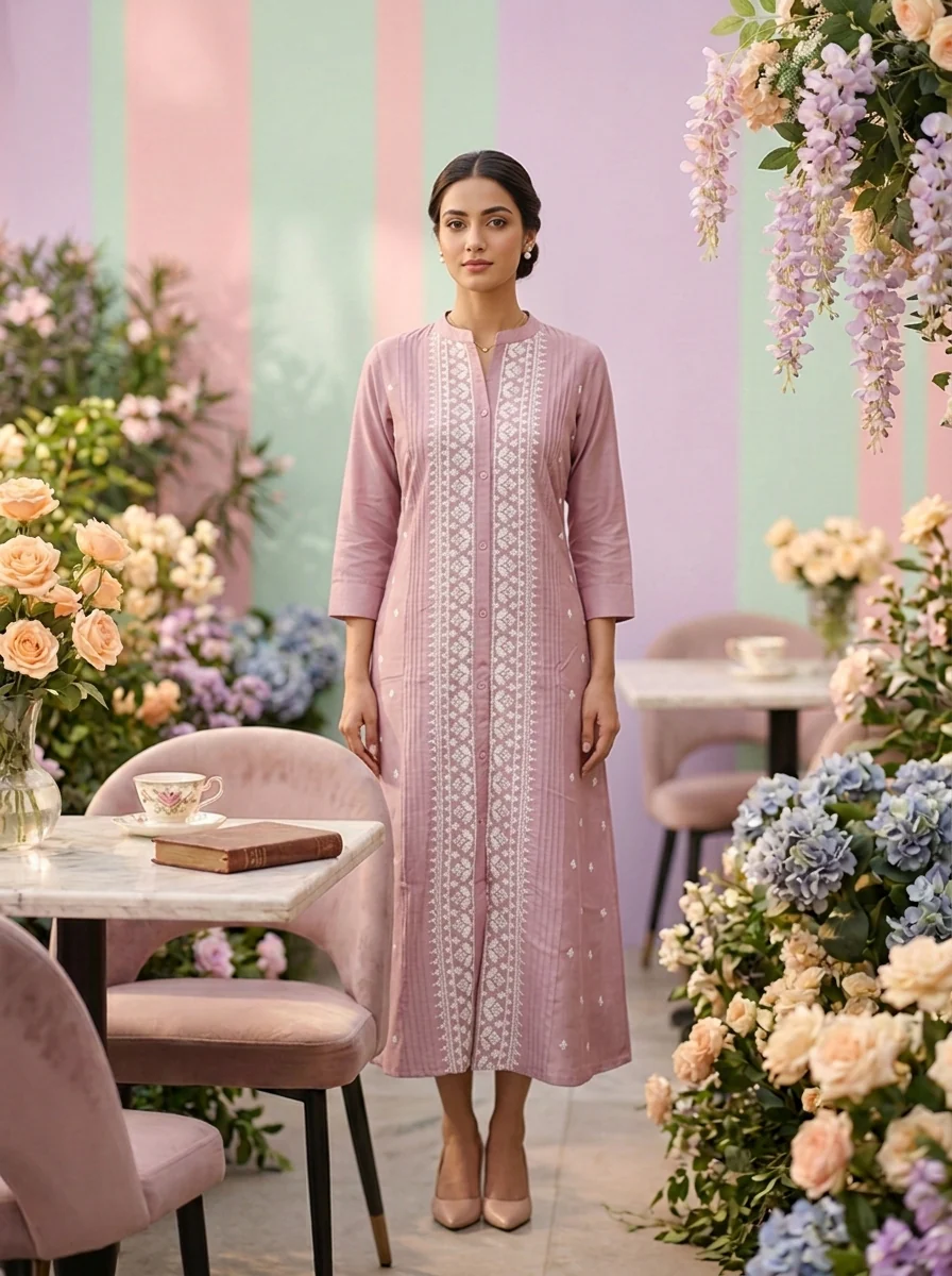 Lilac Muslin Hand Embroidery Kurta