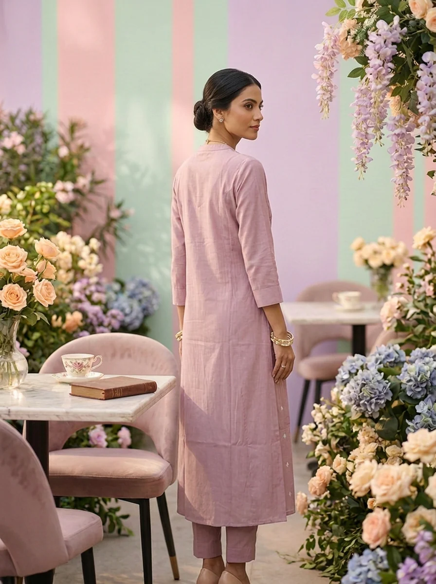 Lilac Muslin Hand Embroidery Kurta - Image 2