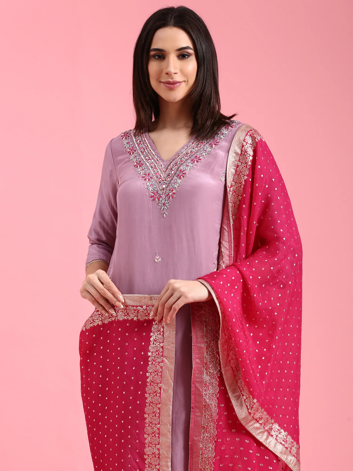 Lilac Organza Hand Embroidery Three Piece Suit Set - Image 6