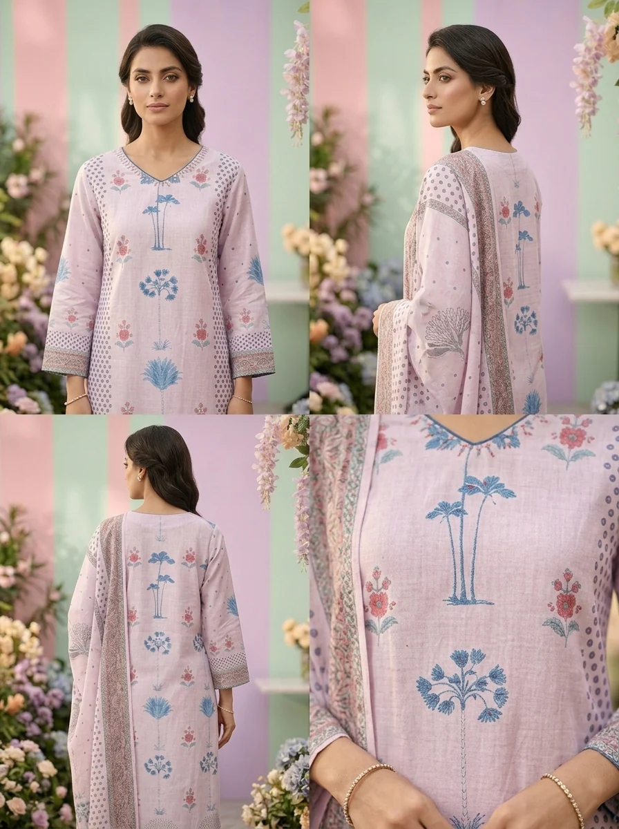 Lilac Rayon Floral Printed Three Piece Set - Image 5