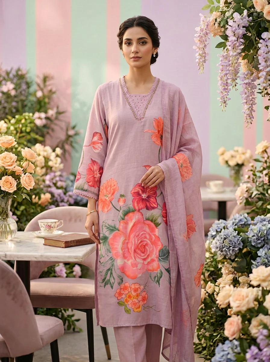 Lilac Rayon Floral Printed Three Piece Set