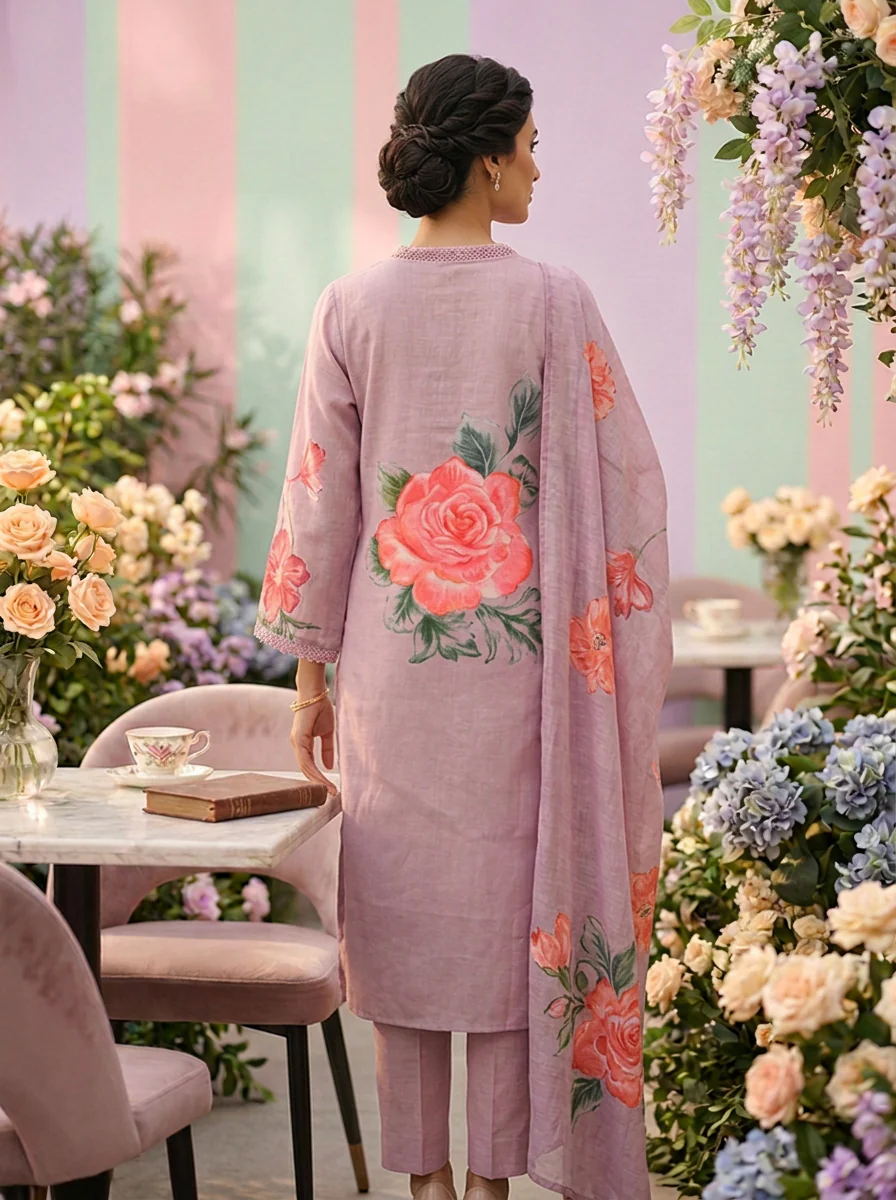 Lilac Rayon Floral Printed Three Piece Set - Image 3