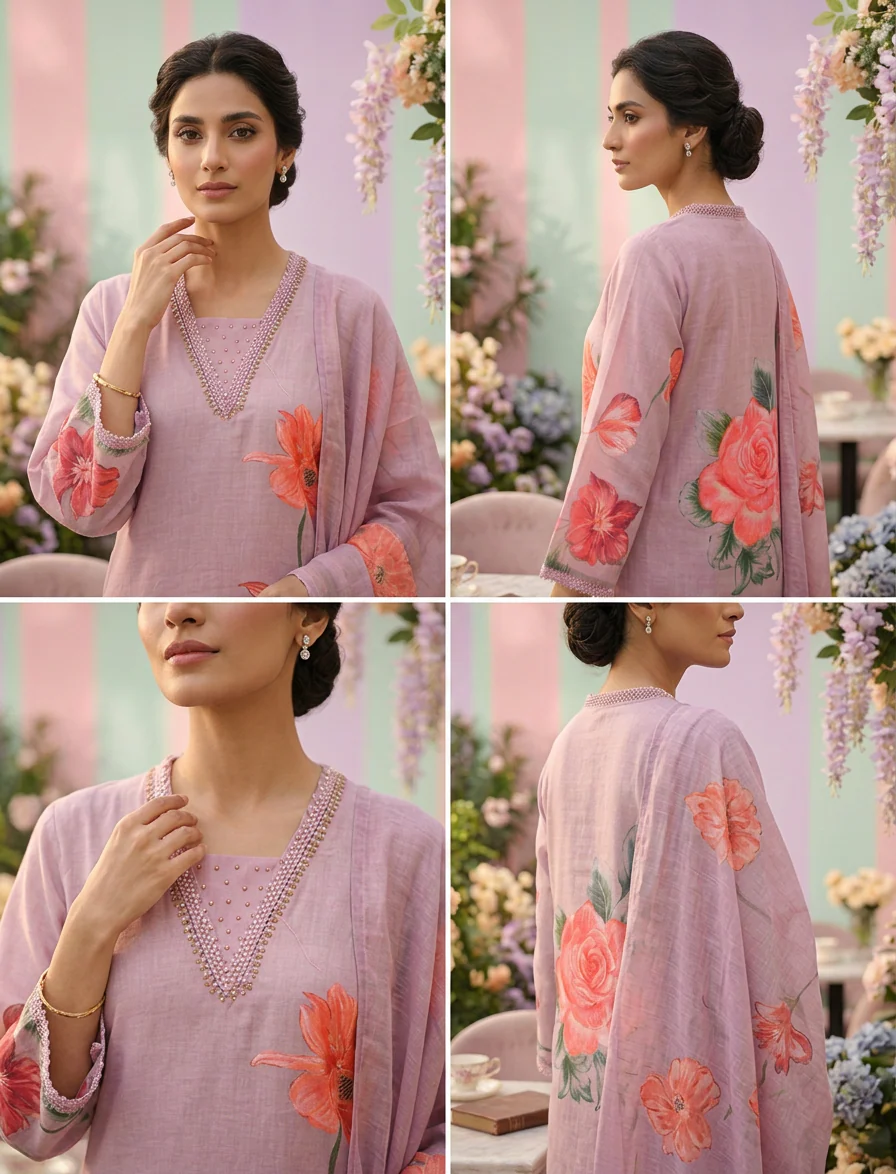 Lilac Rayon Floral Printed Three Piece Set - Image 4