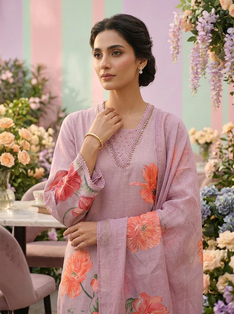 Lilac Rayon Floral Printed Three Piece Set - Image 5