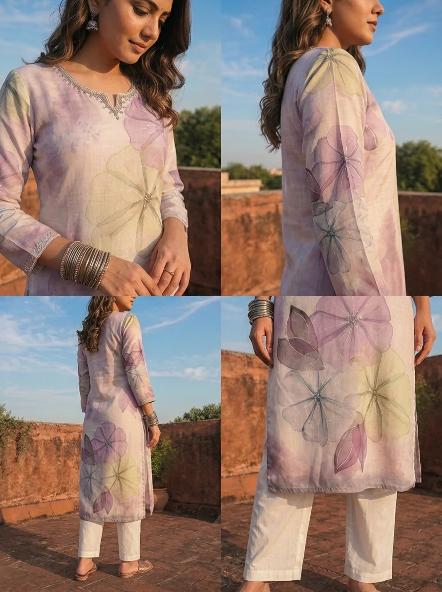 Lilac Rayon Watercolor Floral Placement Printed Kurta - Image 6