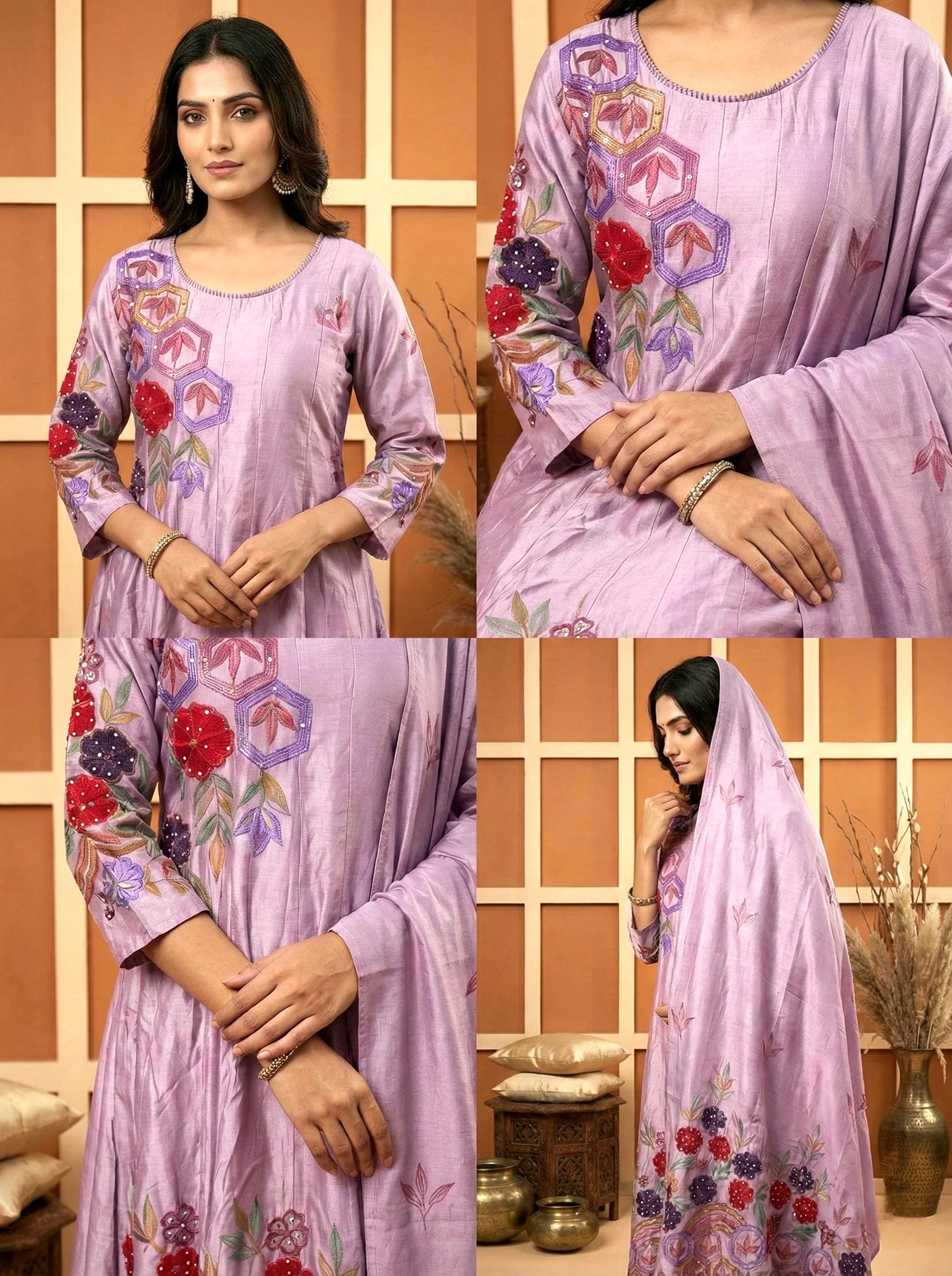 Lilac Silk Floral Hand Embroidery Three Piece Set - Image 4