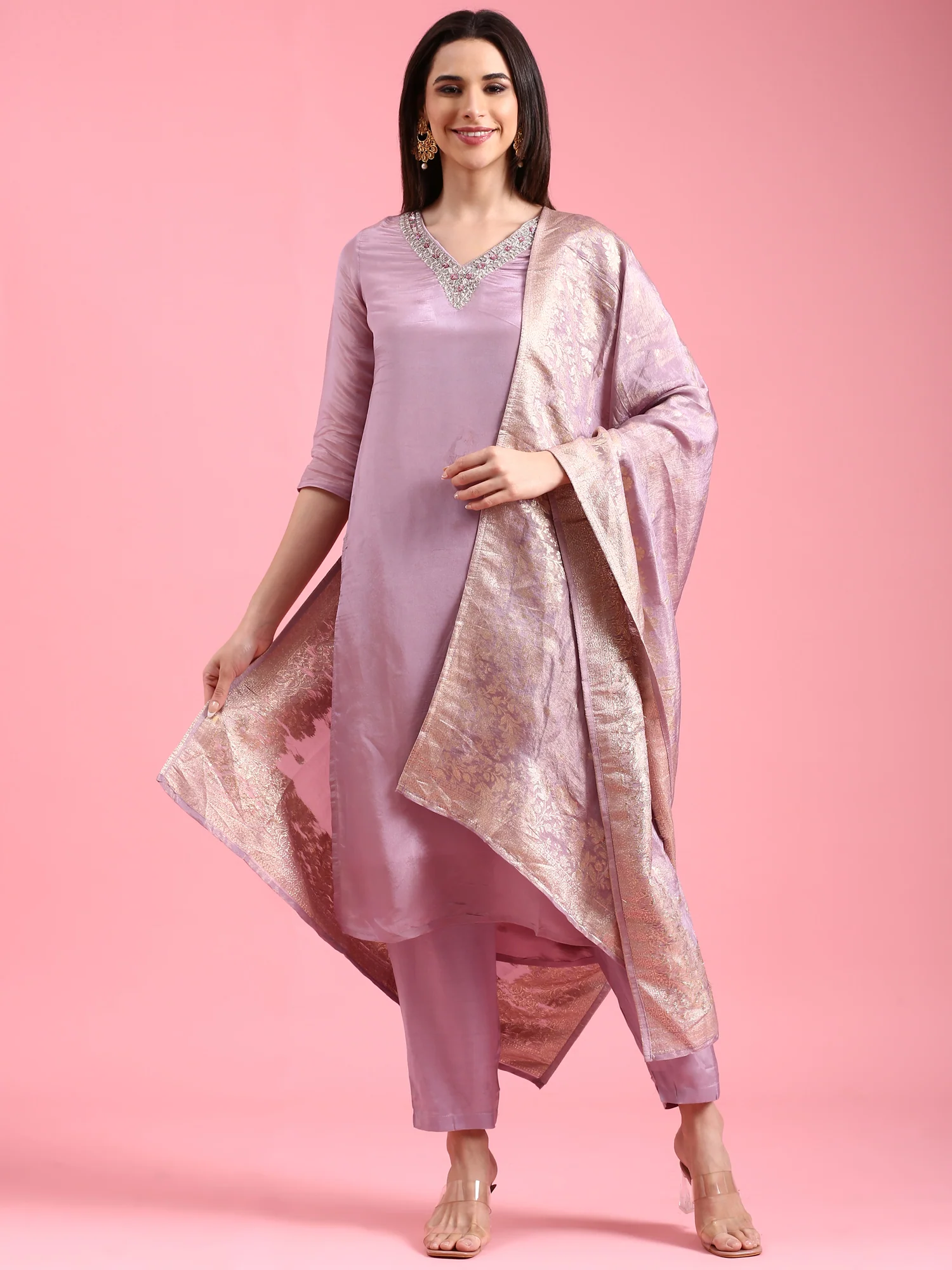 Lilac Tissue Hand Embroidery Three Piece Suit Set
