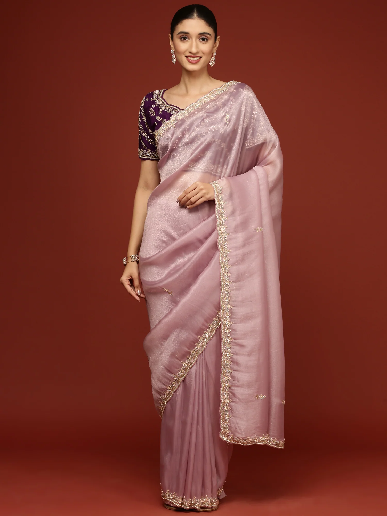 Lilac Tissue Saree With Stone Work Readymade Blouse