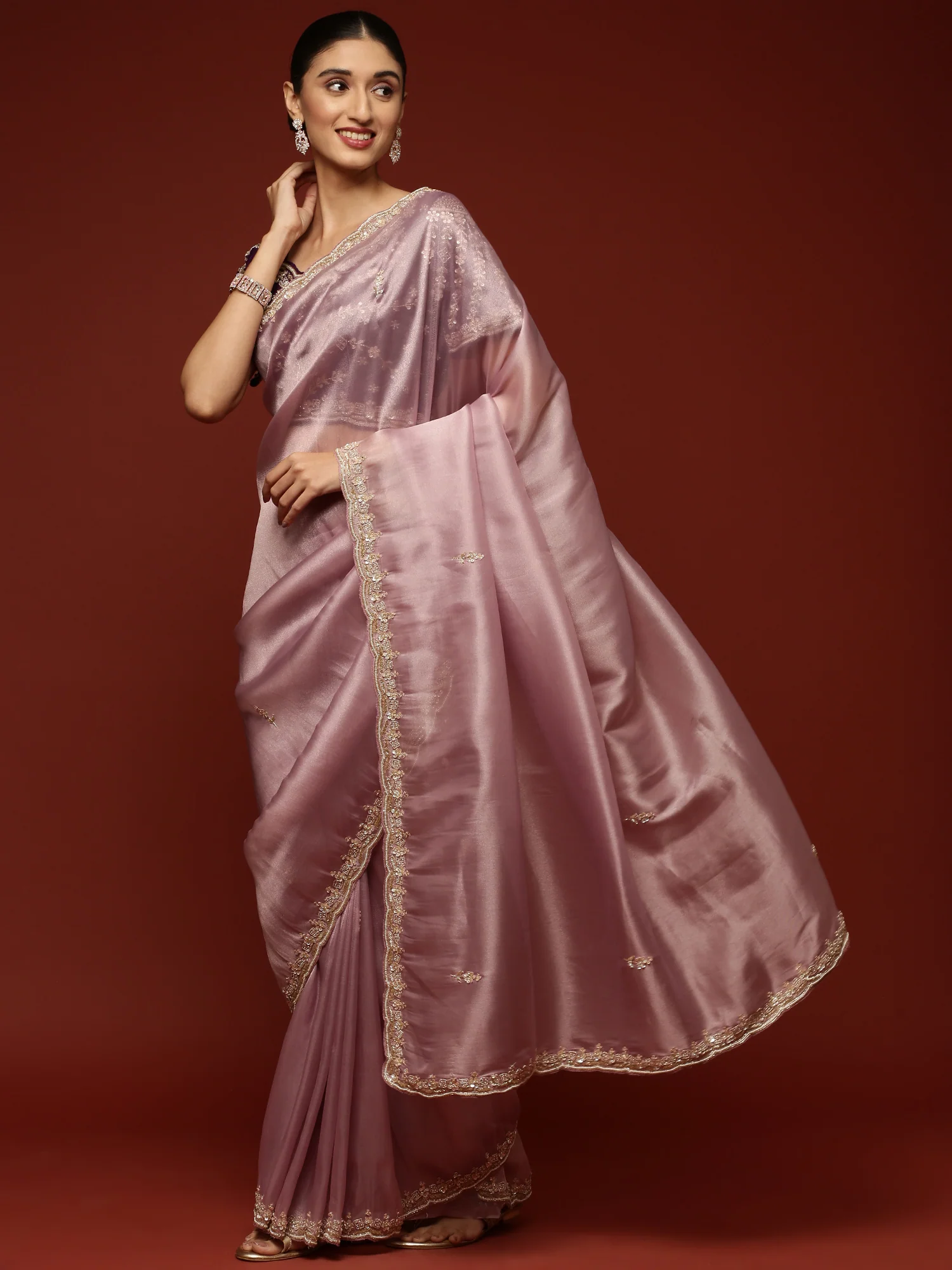Lilac Tissue Saree With Stone Work Readymade Blouse - Image 2