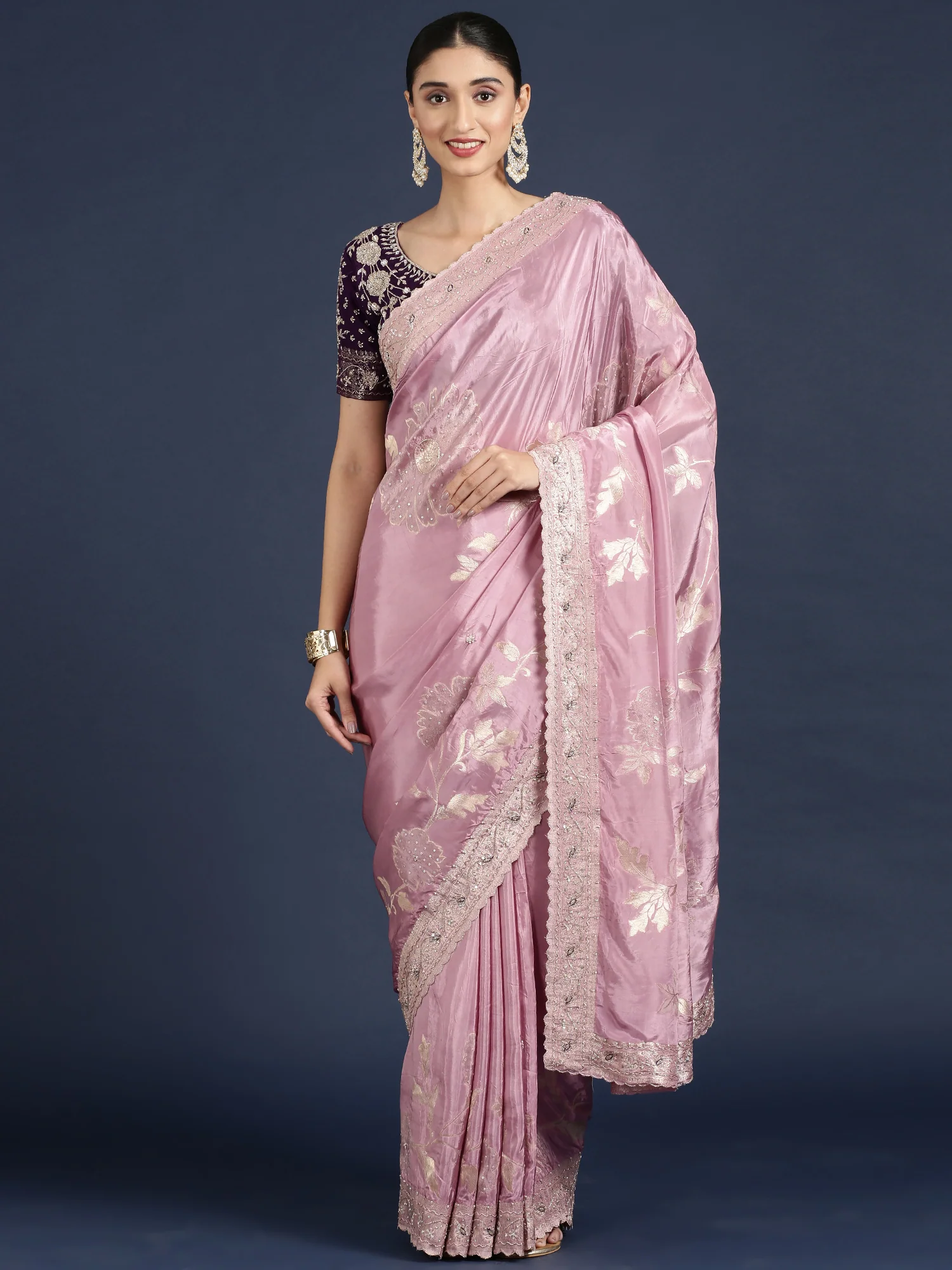 Lilac Tissue Weaved Saree With Stone Work Readymade Blouse - Image 4