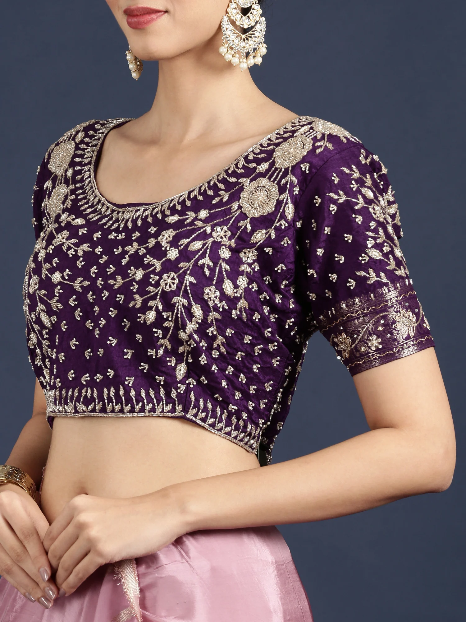Lilac Tissue Weaved Saree With Stone Work Readymade Blouse - Image 7