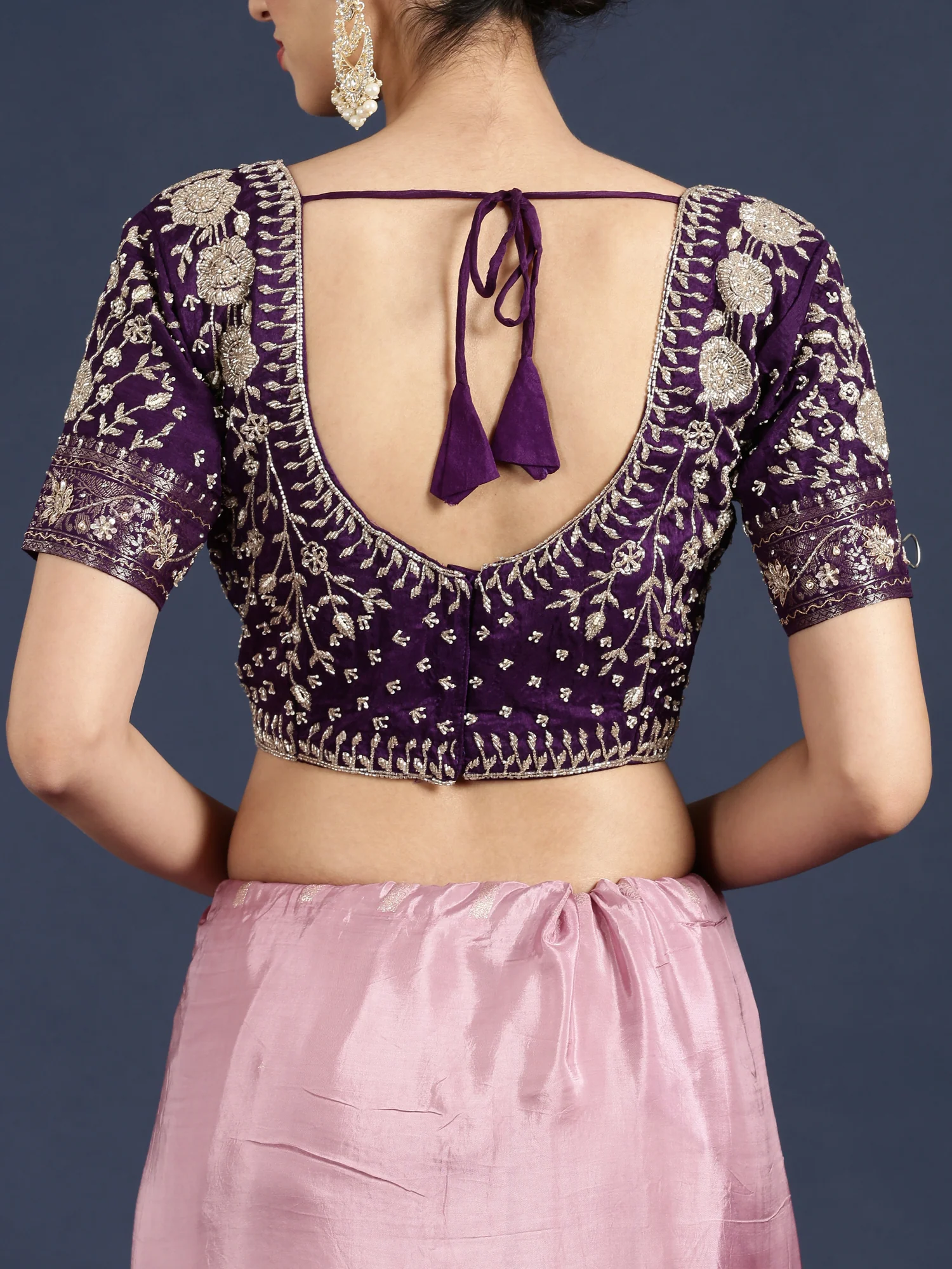Lilac Tissue Weaved Saree With Stone Work Readymade Blouse - Image 8