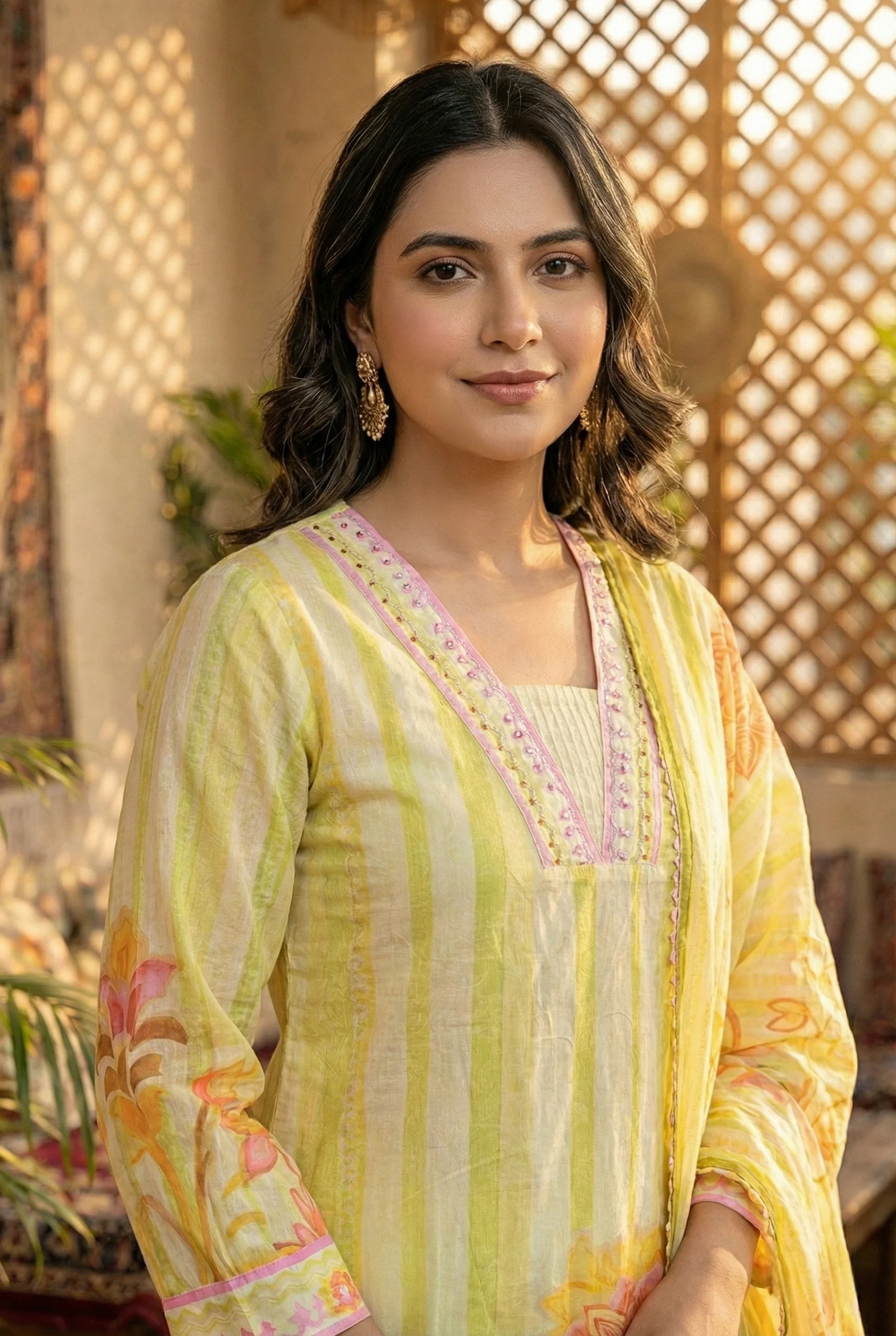 Lime Cotton Hand Embroidery Three Piece Set - Image 5