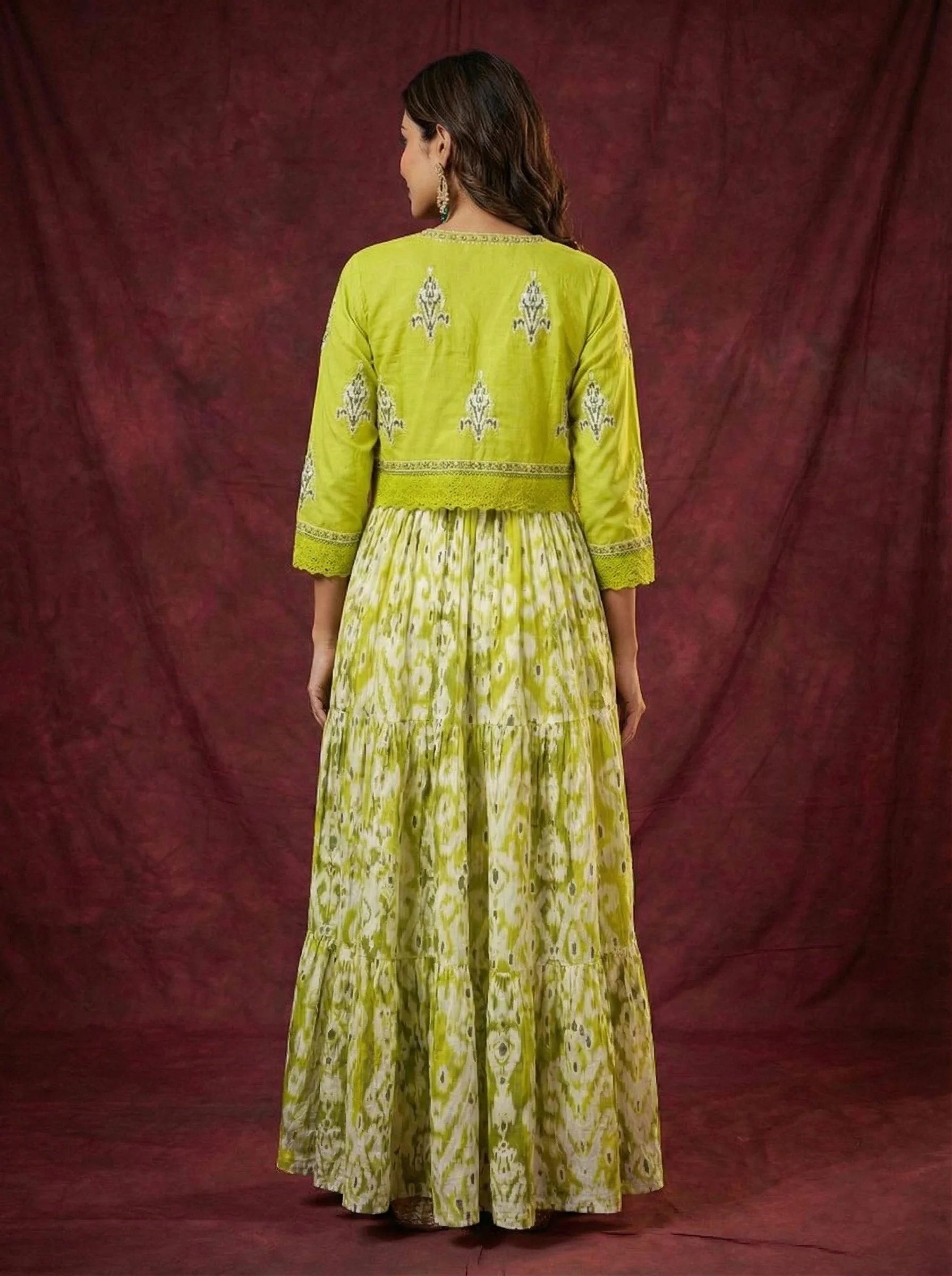 Lime Green Cotton Digital Print Long Dress - Image 2