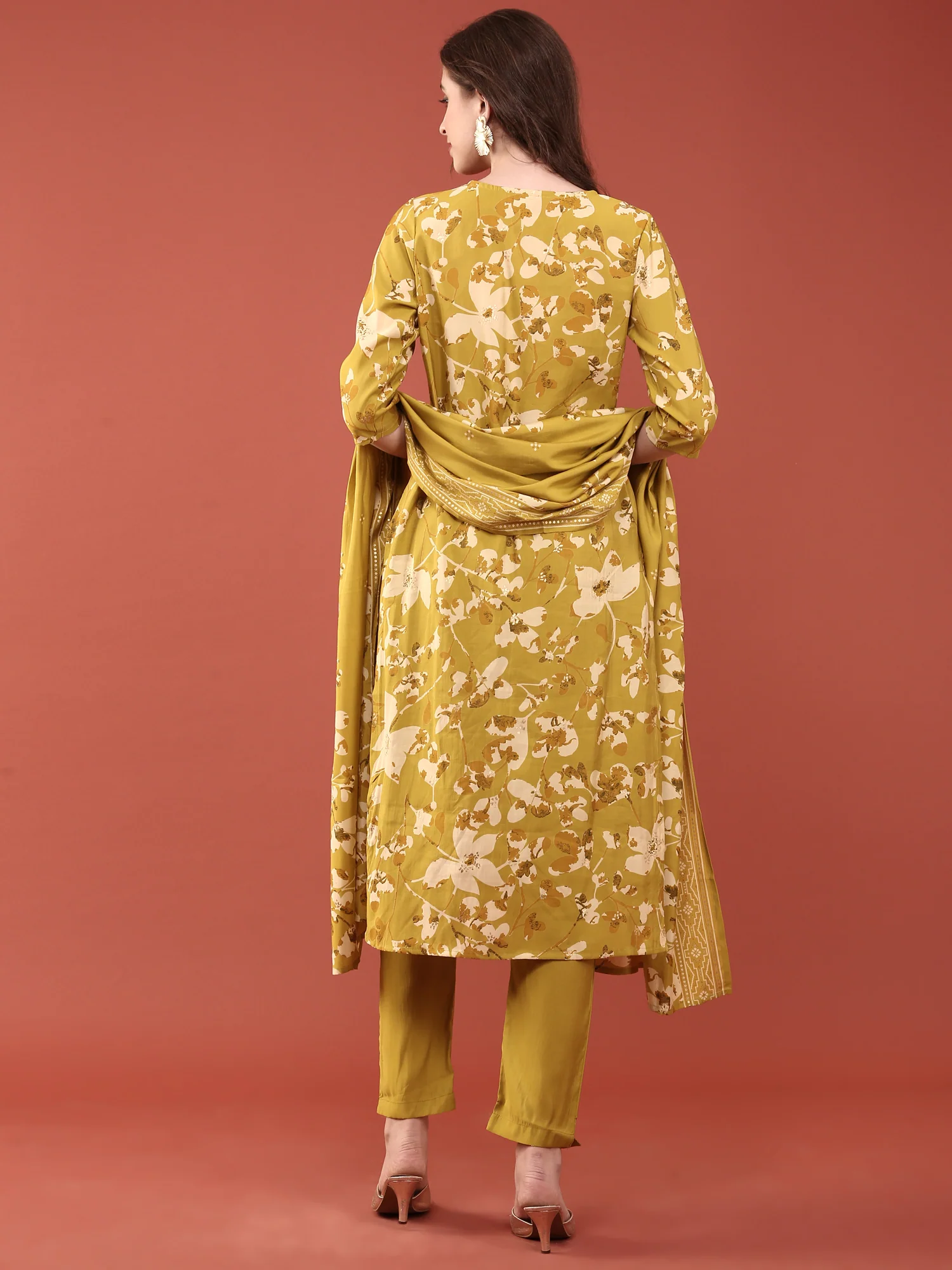 Lime Green Dola Silk Digital Print Three Piece Set - Image 3