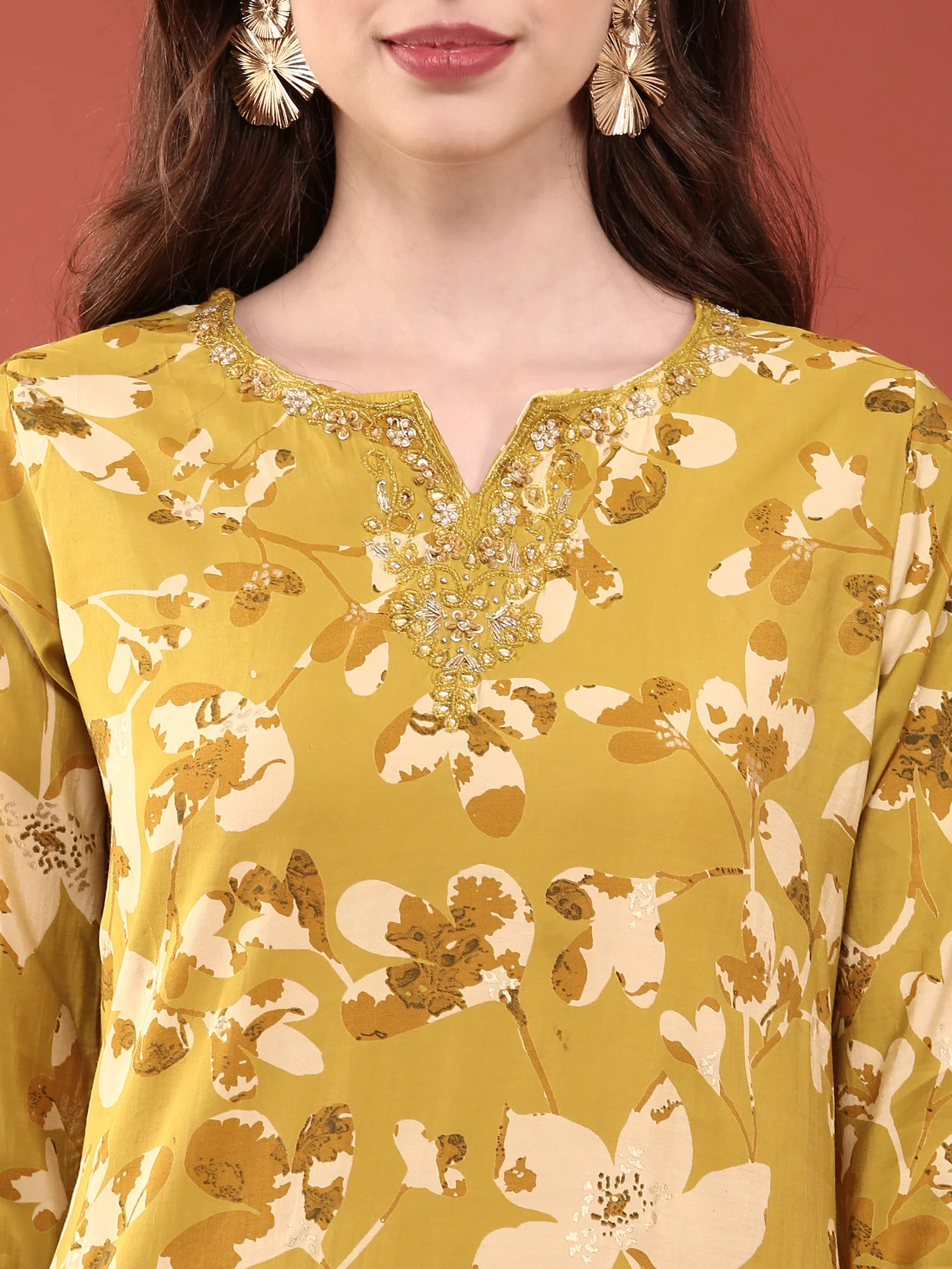 Lime Green Dola Silk Digital Print Three Piece Set - Image 4