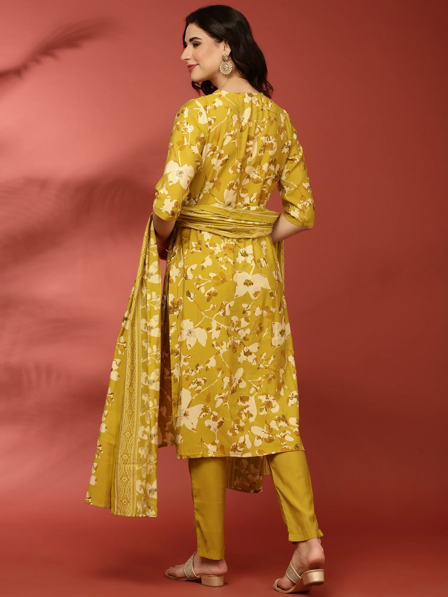 Lime Green Dola Silk Floral Printed Three Piece Set - Image 3