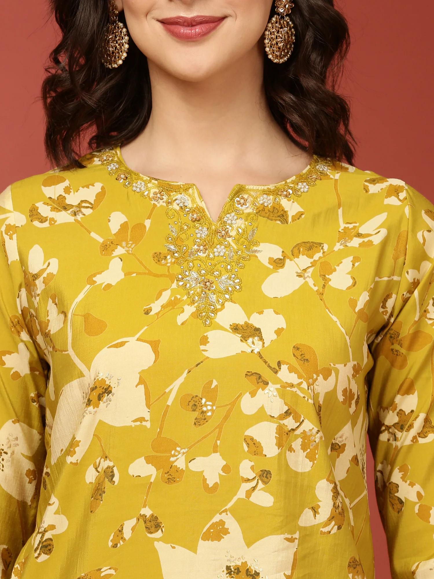Lime Green Dola Silk Floral Printed Three Piece Set - Image 4