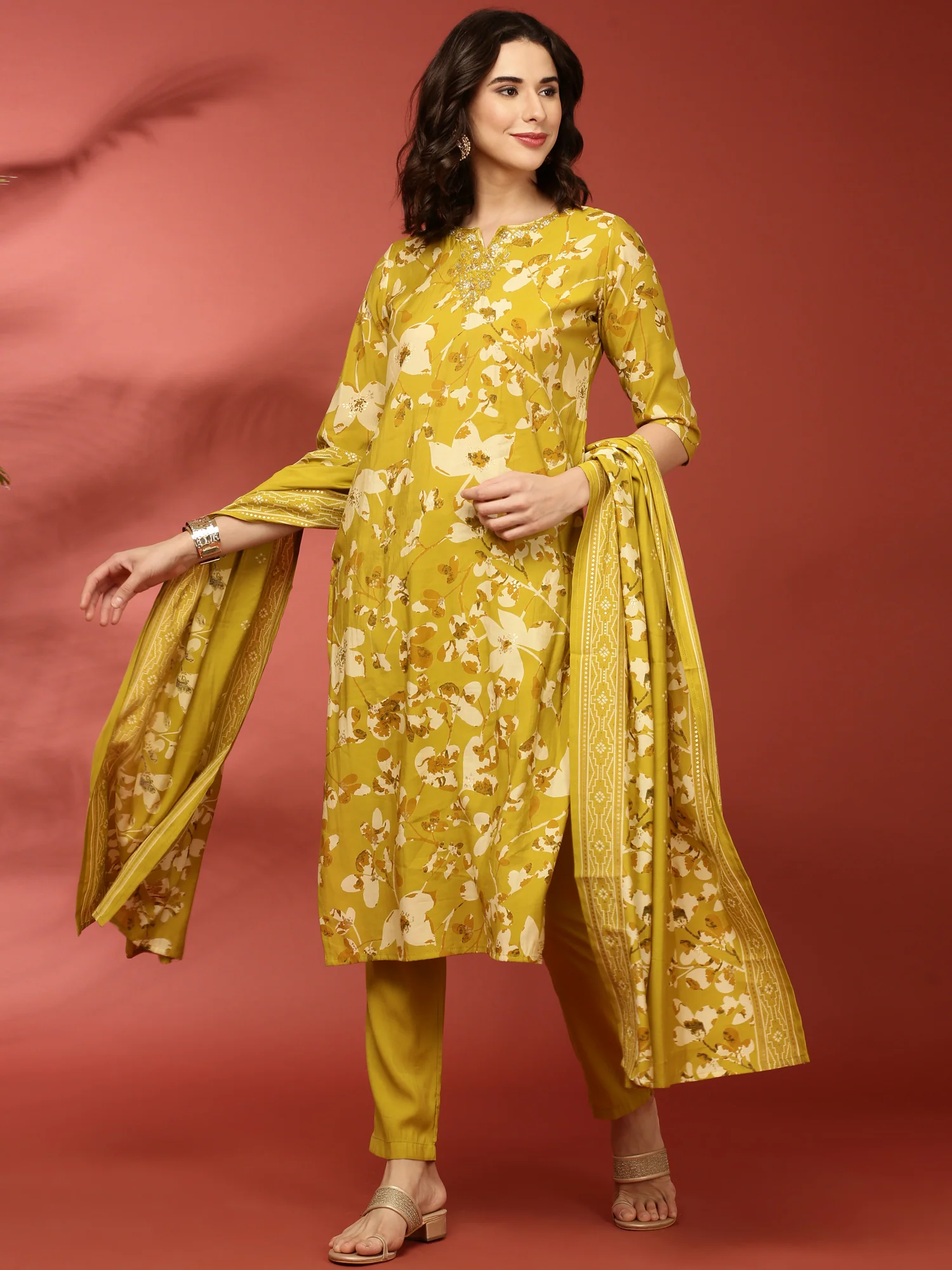 Lime Green Dola Silk Floral Printed Three Piece Set - Image 5
