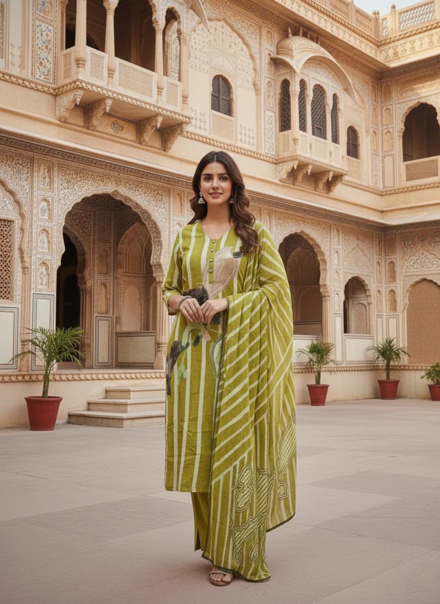 Lime Green Linen Digital Print Three Piece Set - Image 2