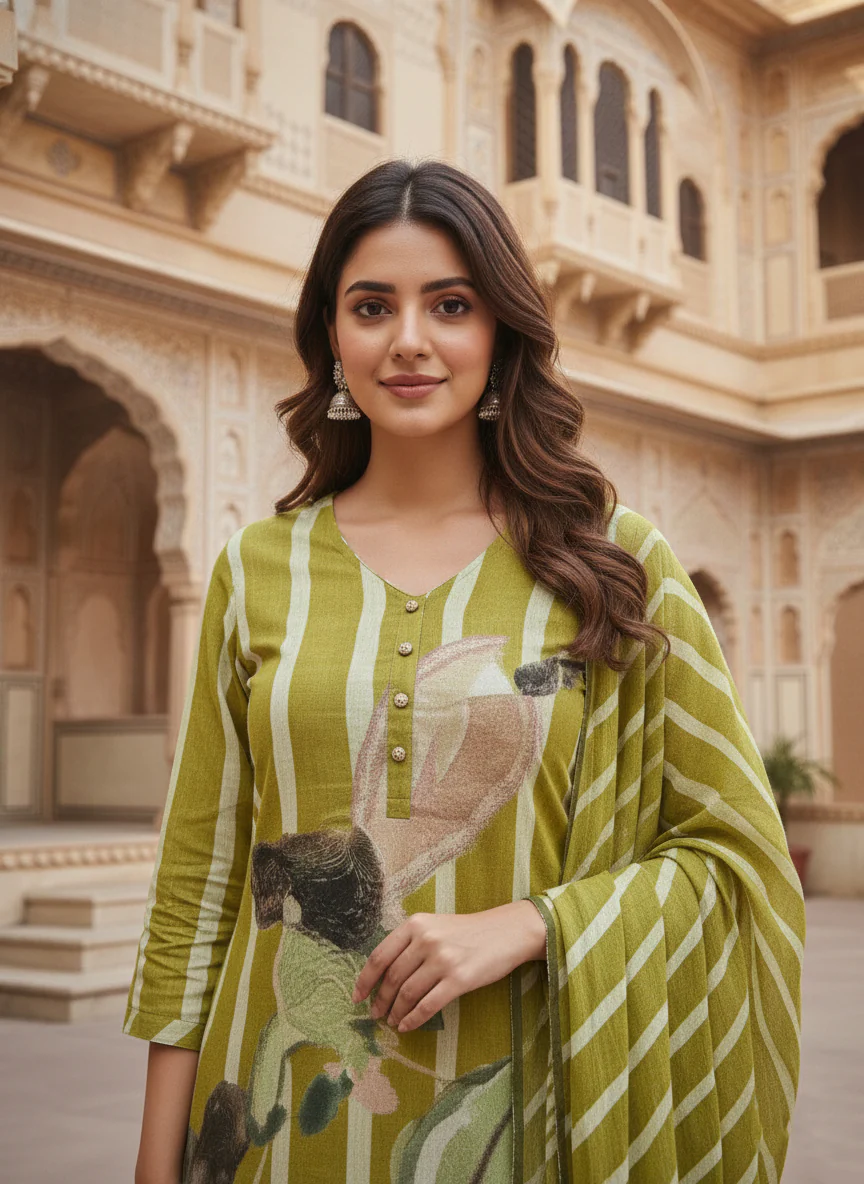 Lime Green Linen Digital Print Three Piece Set - Image 3