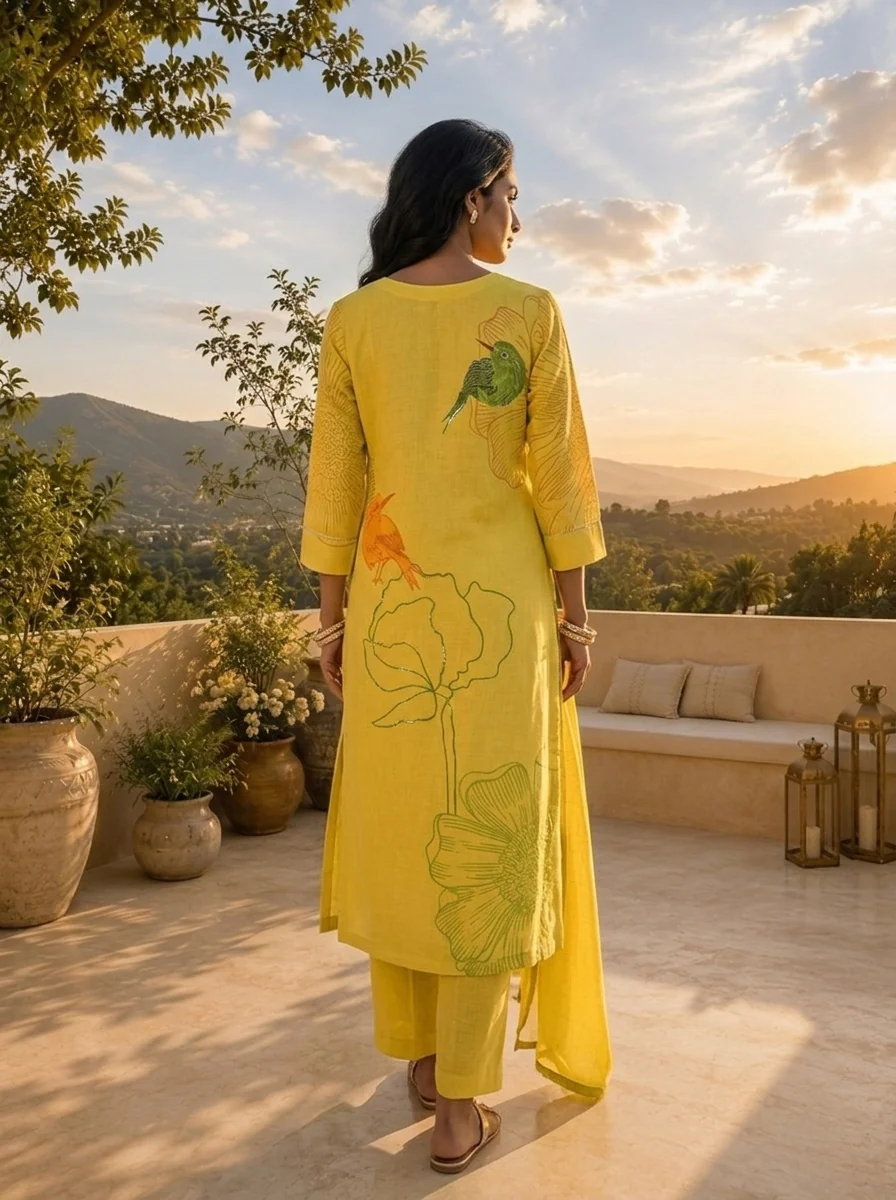 Lime Green Silk Three Piece Set With Printed Motif - Image 2