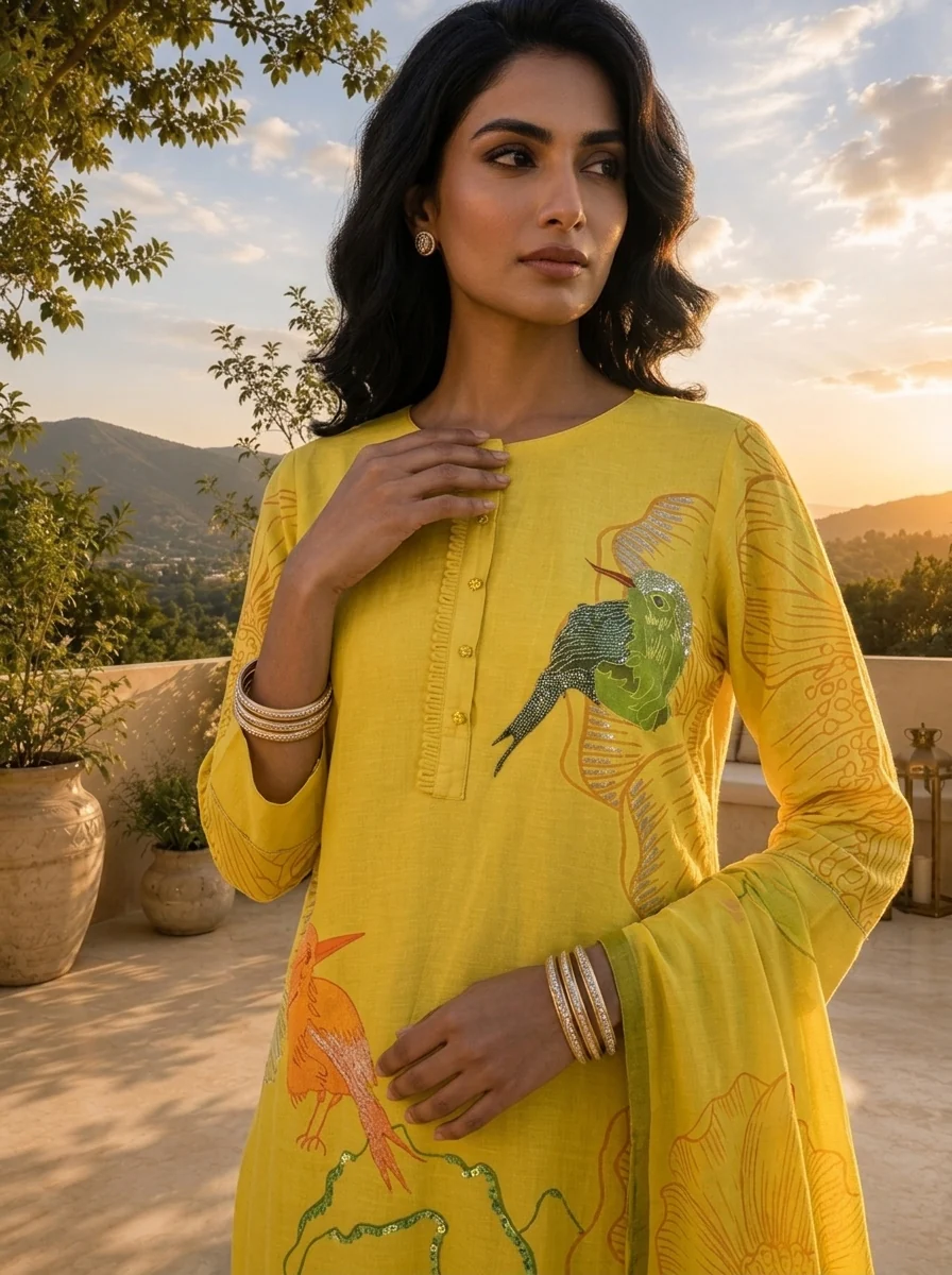 Lime Green Silk Three Piece Set With Printed Motif - Image 4