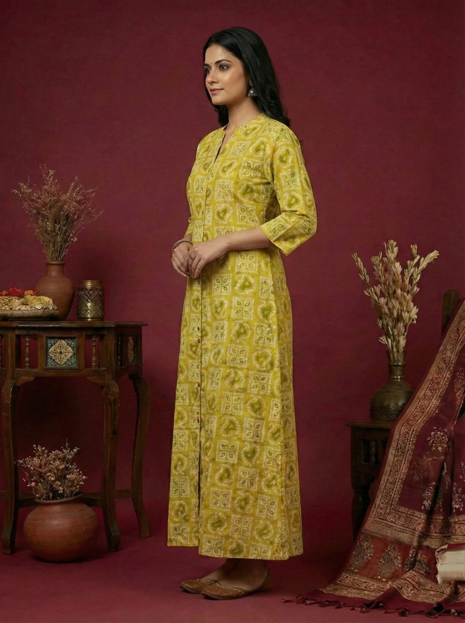 Lime Silk Digital Print Kurta - Image 2