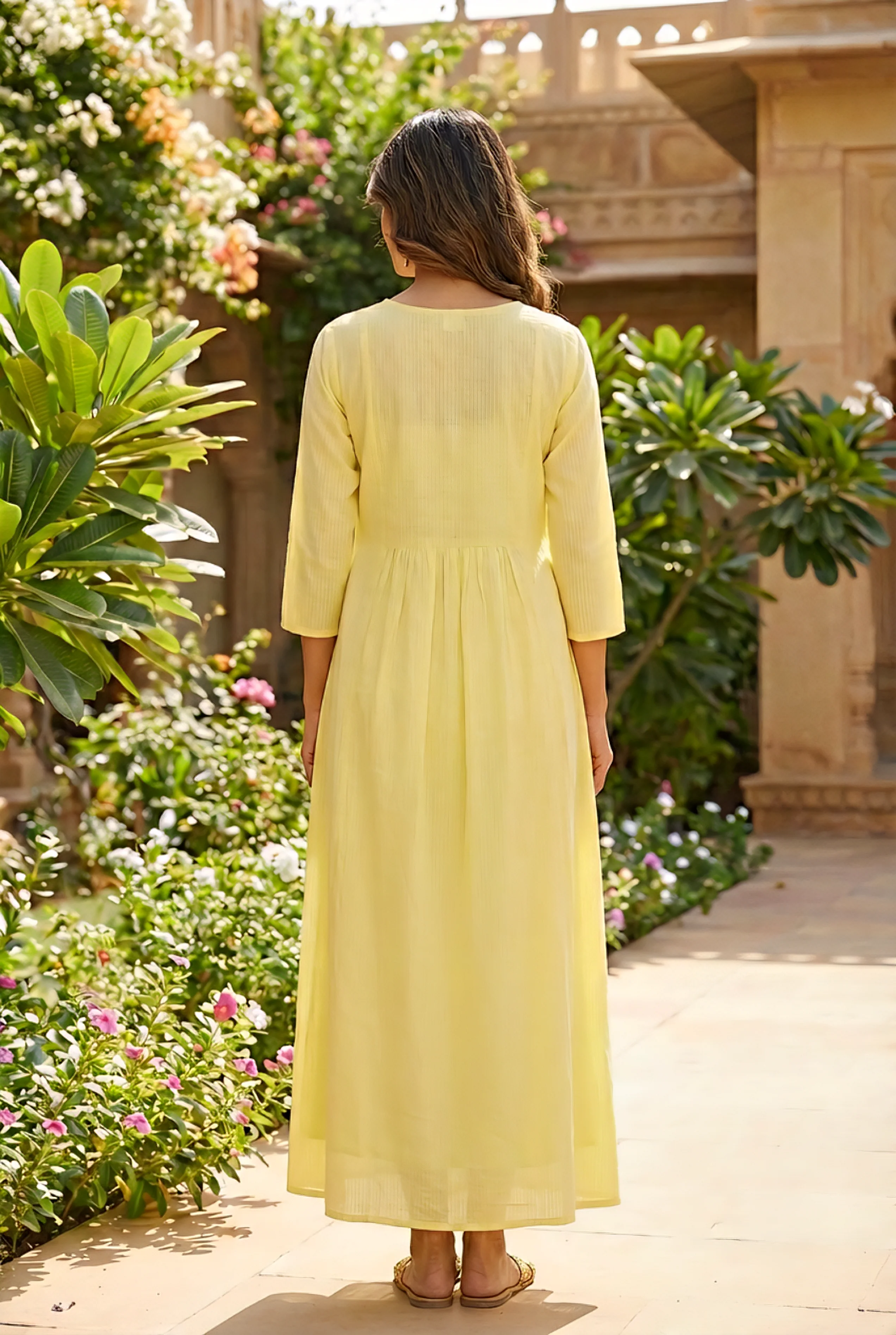 Lime Yellow Cotton Floral Hand Embroidery Long Dress - Image 3