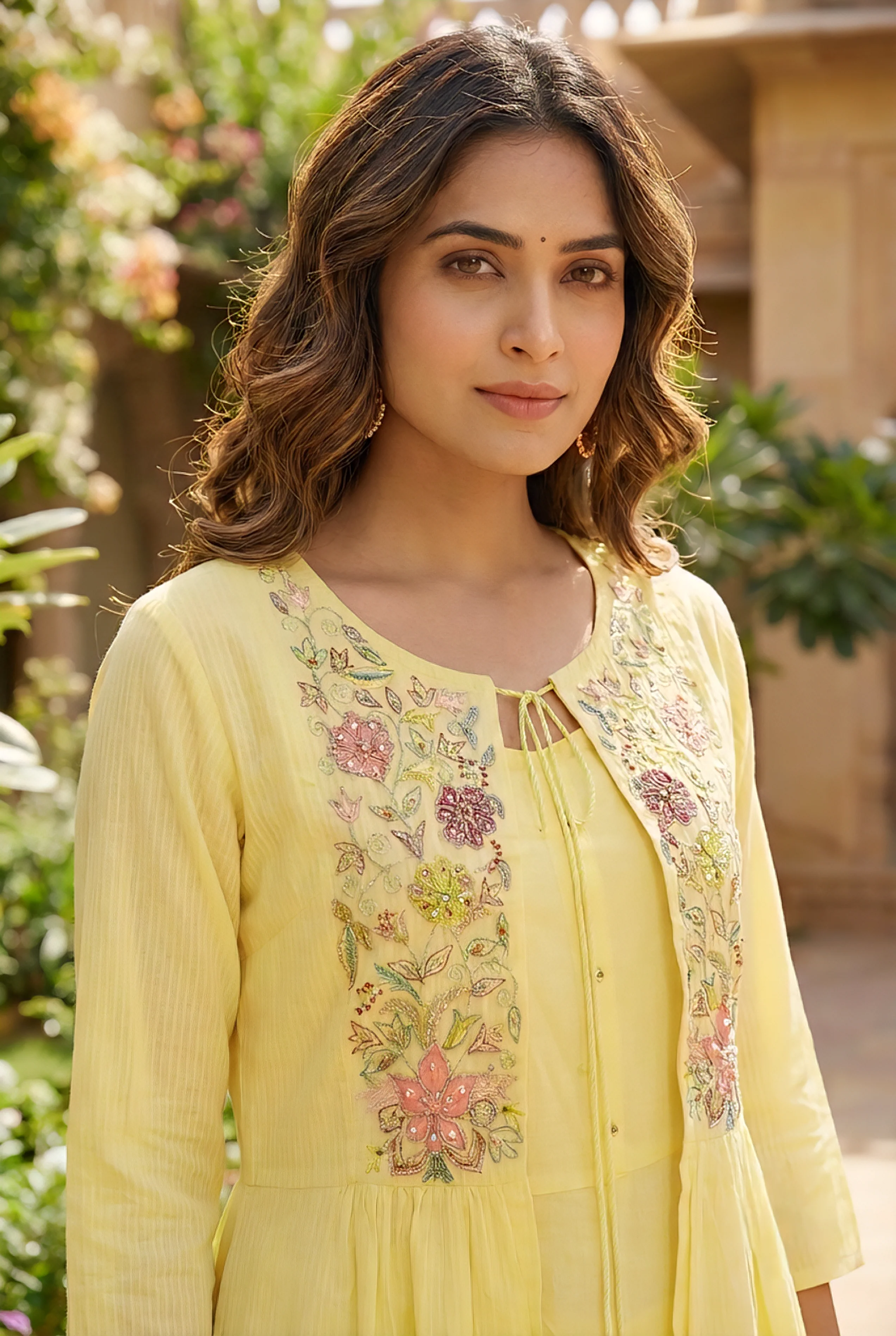 Lime Yellow Cotton Floral Hand Embroidery Long Dress - Image 4