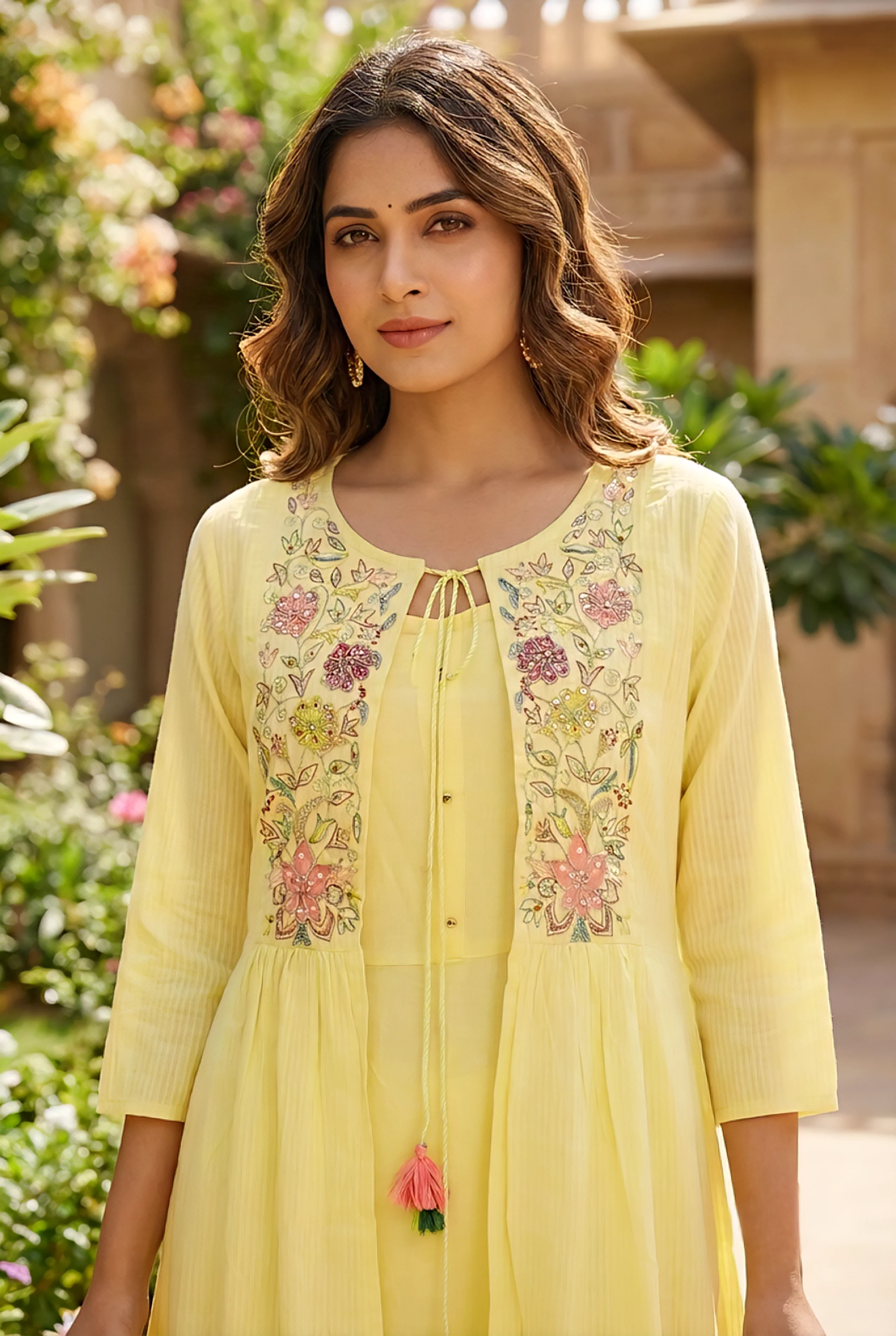 Lime Yellow Cotton Floral Hand Embroidery Long Dress - Image 5