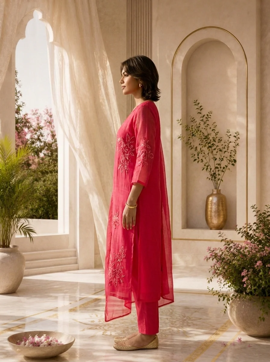 Magenta Beads And Thread Embroidery Chanderi Three Piece Set - Image 3