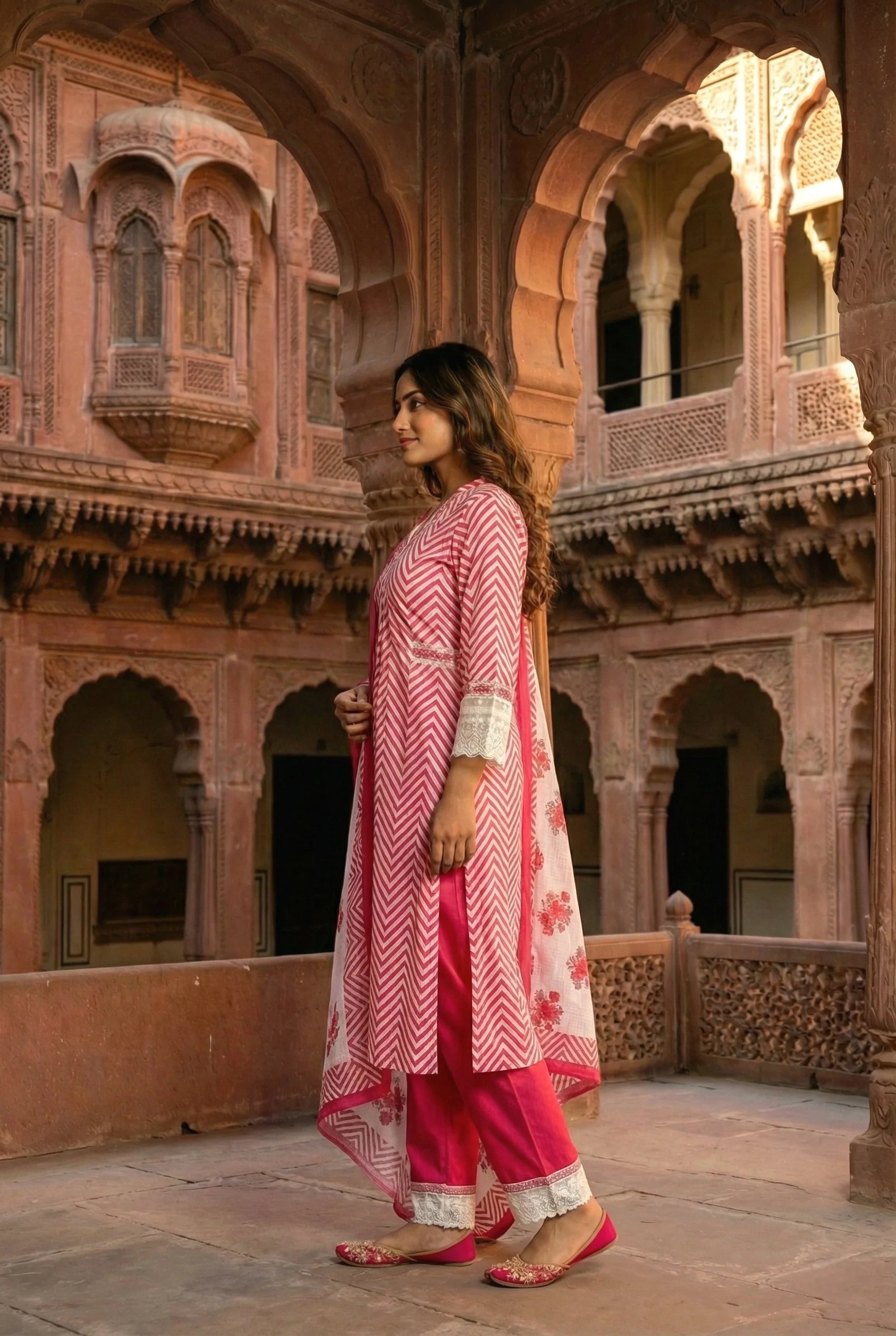 Magenta Cotton Chevron Printed Three Piece Set - Image 2
