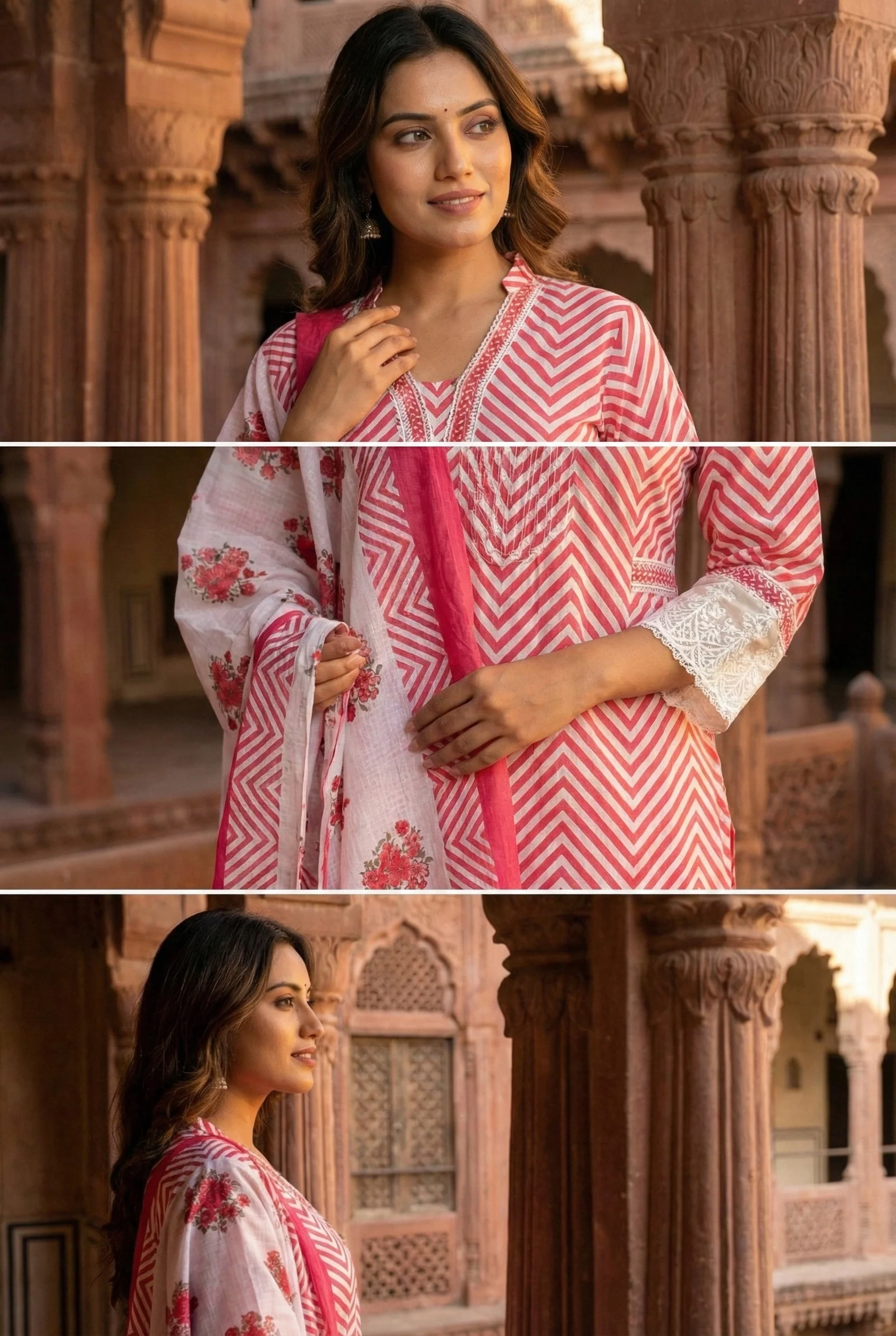 Magenta Cotton Chevron Printed Three Piece Set - Image 4
