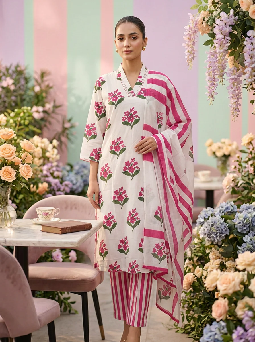 Magenta Cotton Floral Printed Three Piece Set