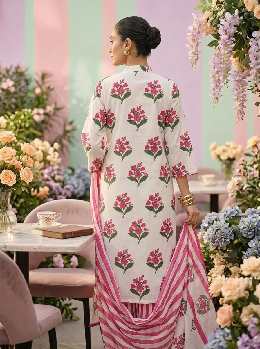 Magenta Cotton Floral Printed Three Piece Set - Image 2