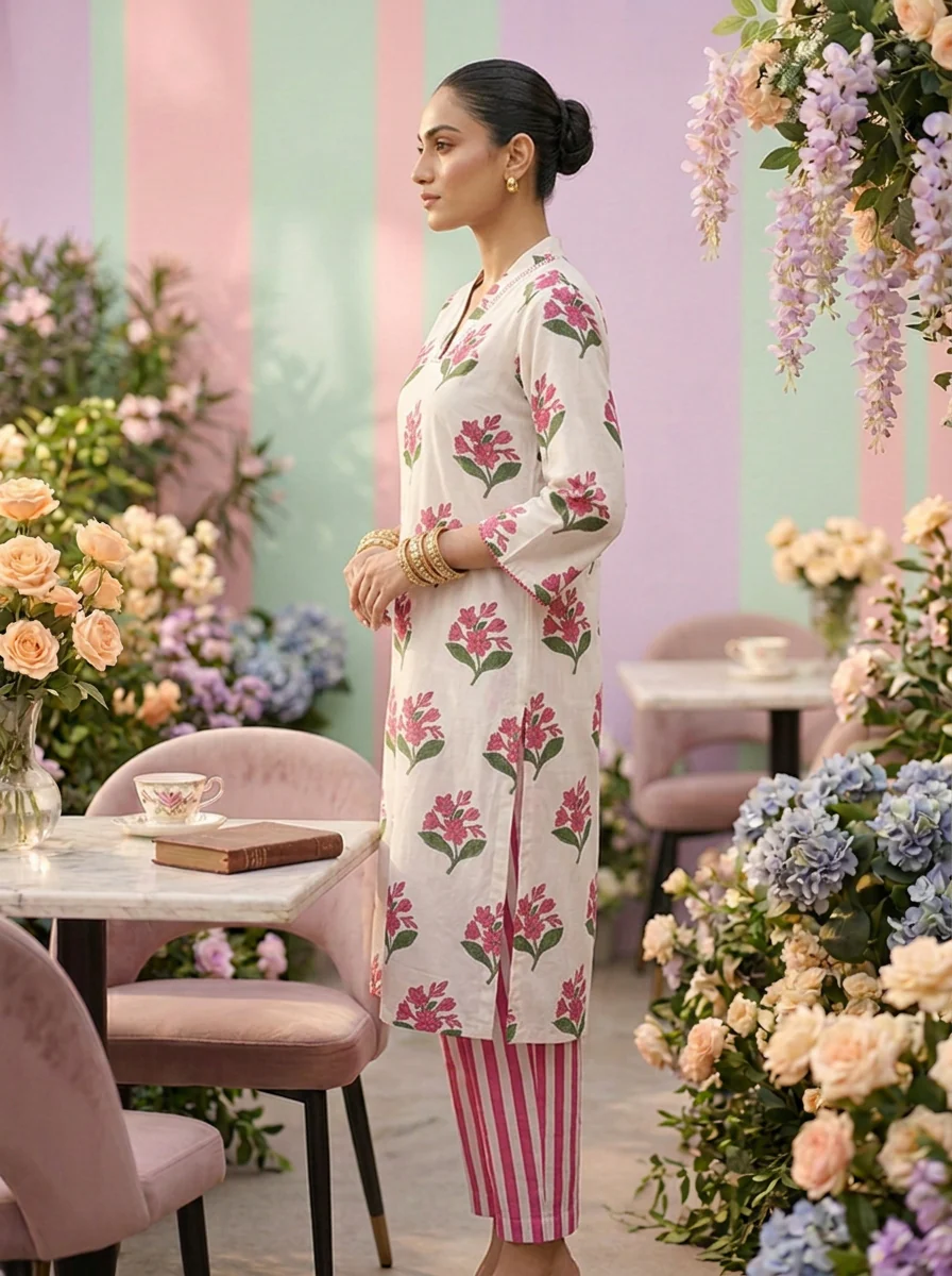 Magenta Cotton Floral Printed Three Piece Set - Image 4