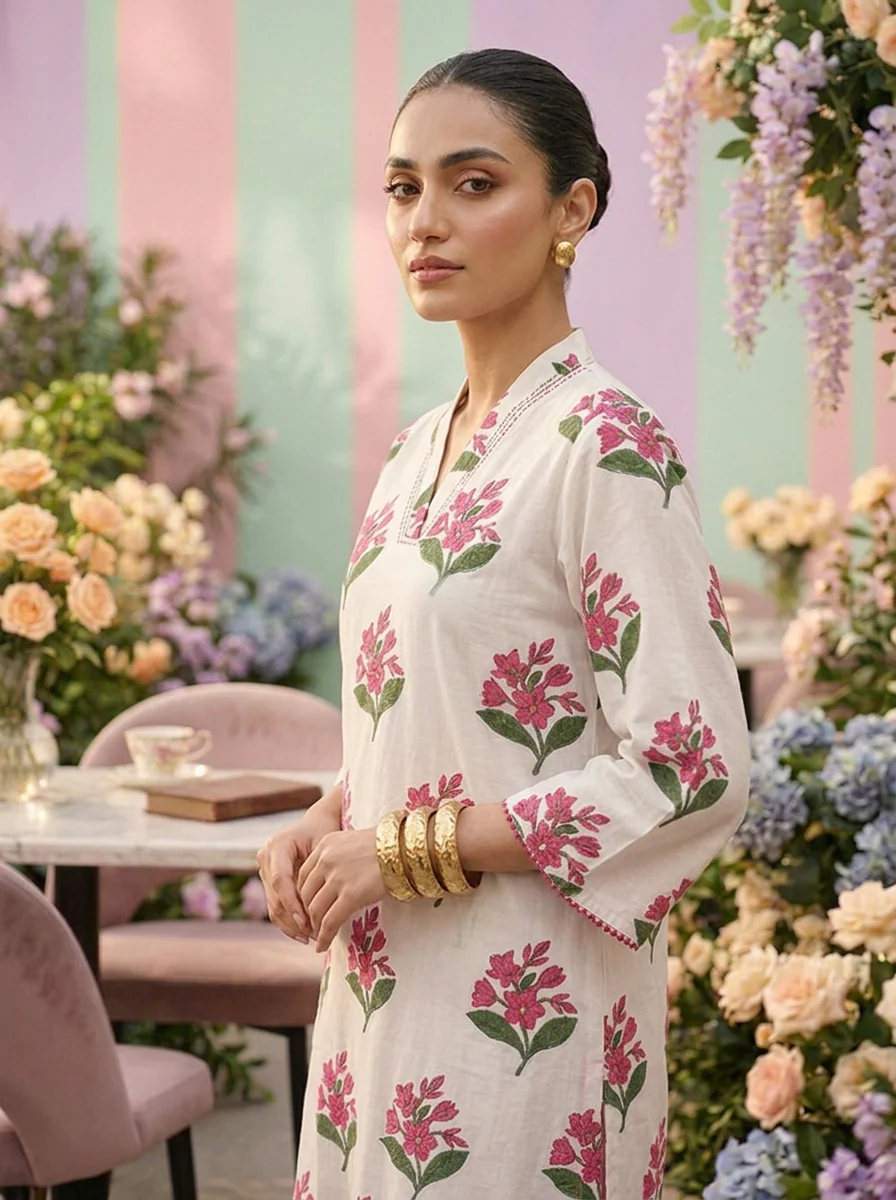 Magenta Cotton Floral Printed Three Piece Set - Image 5