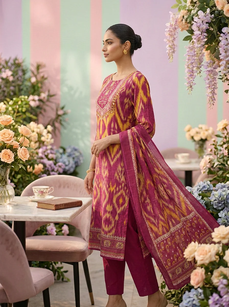 Magenta Cotton Printed Three Piece Set - Image 4