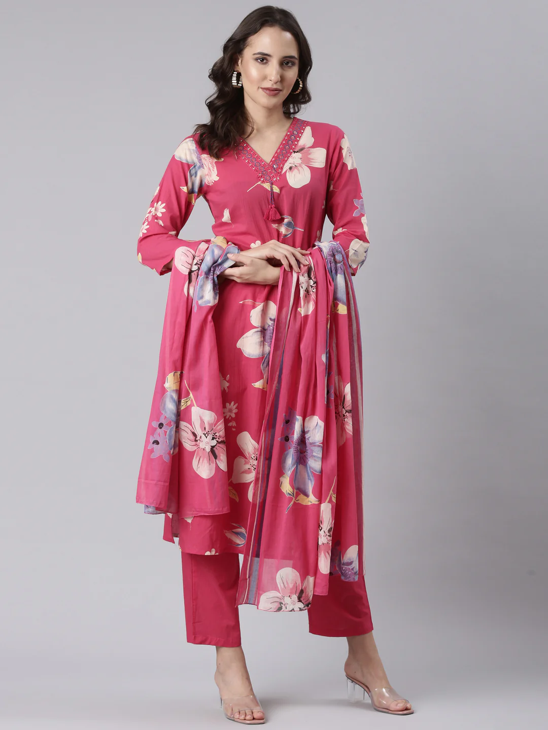 Magenta Cotton Printed Three Piece Set - Image 5