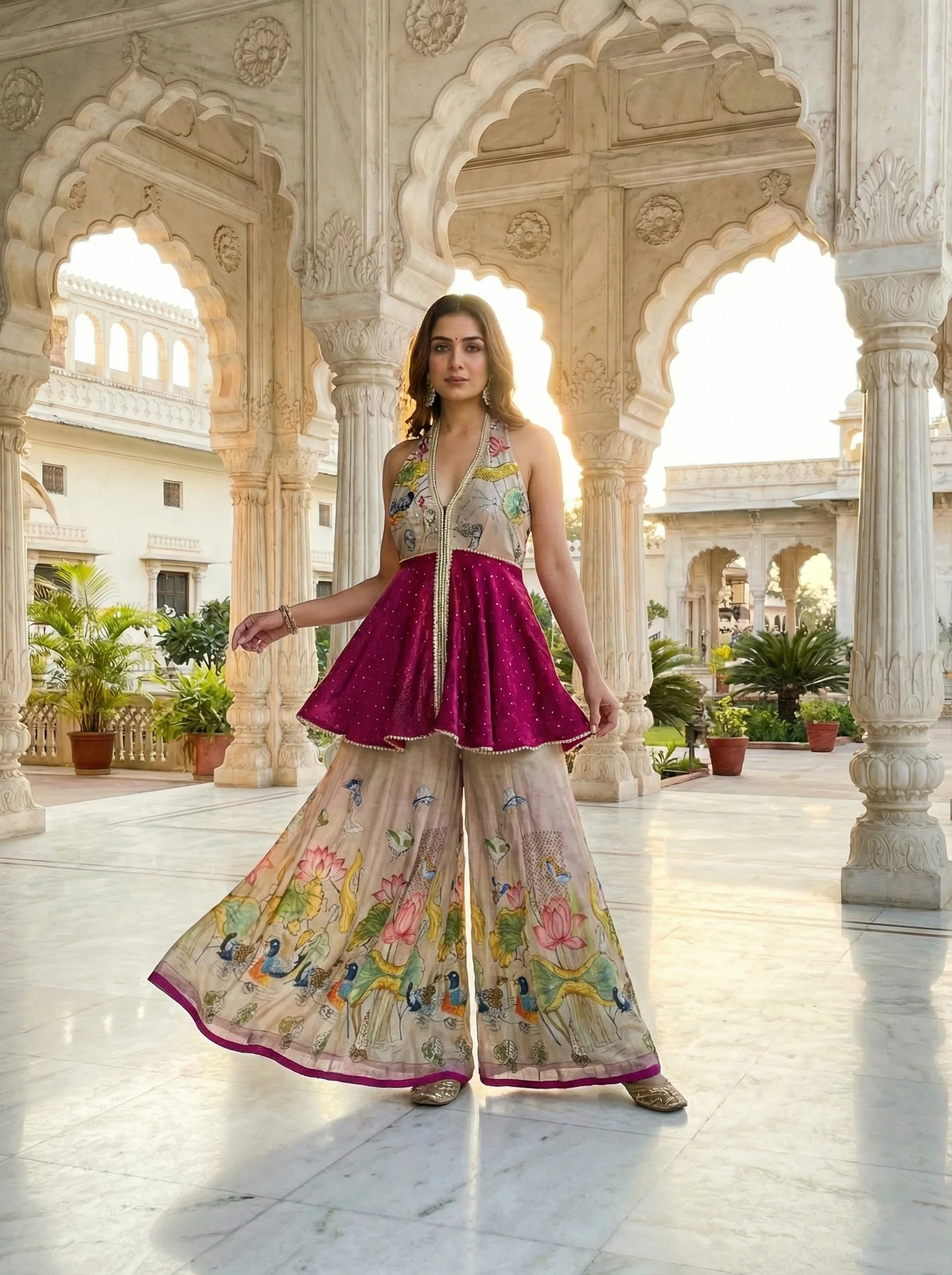 Magenta Crepe Kurti And Palazzo Set