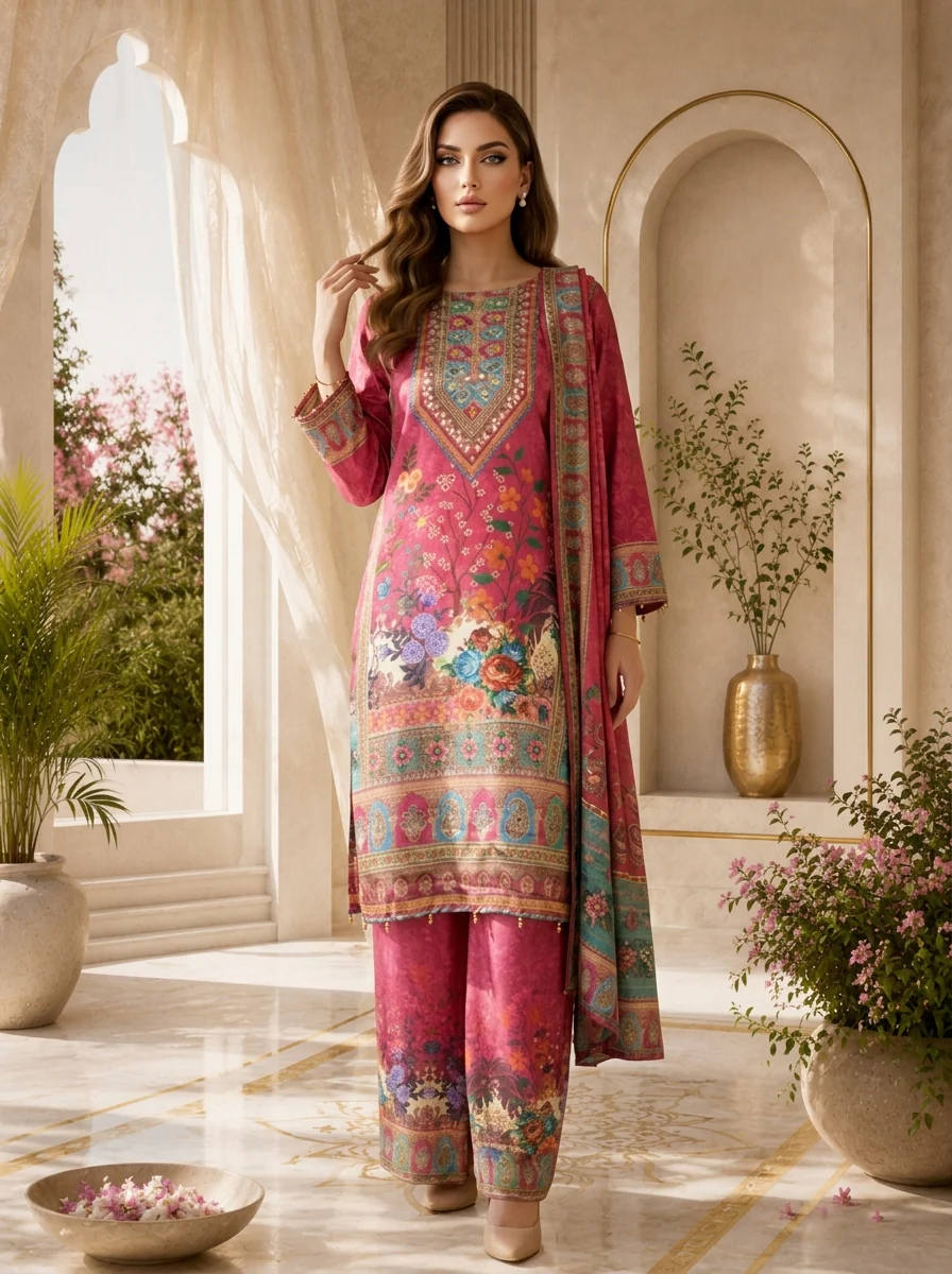 Magenta Crepe Paisley Digital Printed Three Piece Set - Image 2