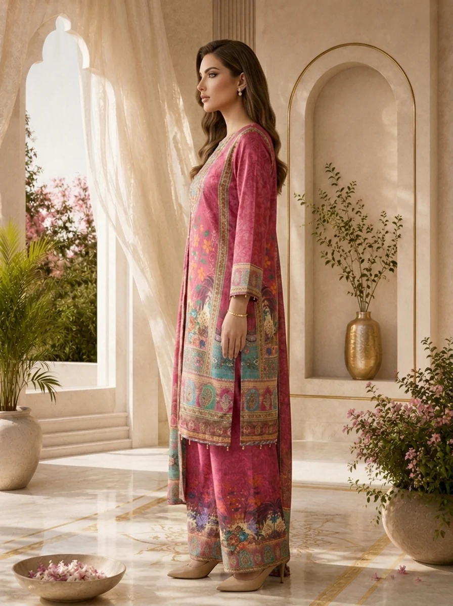 Magenta Crepe Paisley Digital Printed Three Piece Set - Image 4