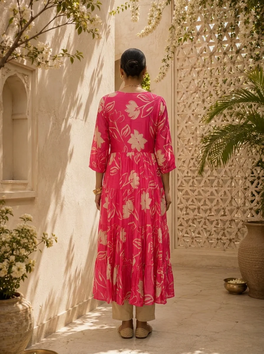 Magenta Floral Printed Muslin Long Dress - Image 3